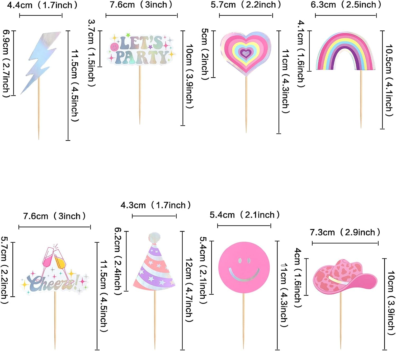 32PCS Let'S Party Cupcake Toppers Cowboy Rainbow Smile Face Heart Cupcake Picks Let'S Go Dance Cake Decorations for Disco Theme Wedding Women Birthday Party Supplies Pink - Pink image number 6