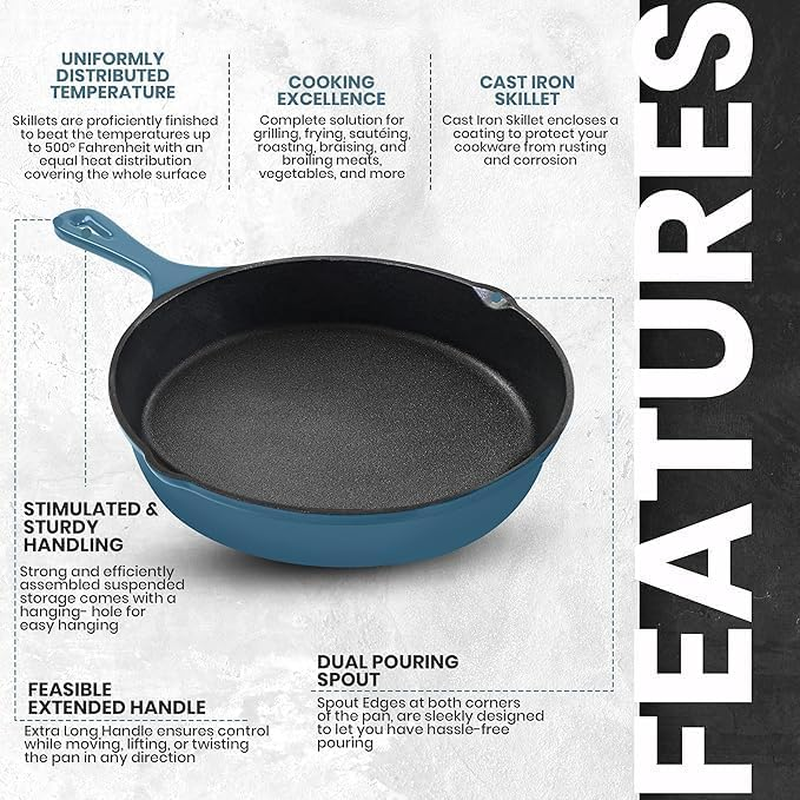 Utopia Kitchen Enameled Cast Iron Skillet Set 3-Piece - 6 Inch, 8 Inch and 10 Cookware Set- Pan for Outdoor Camping, Oven Use & Stovetop Teal UK0224 image number 2