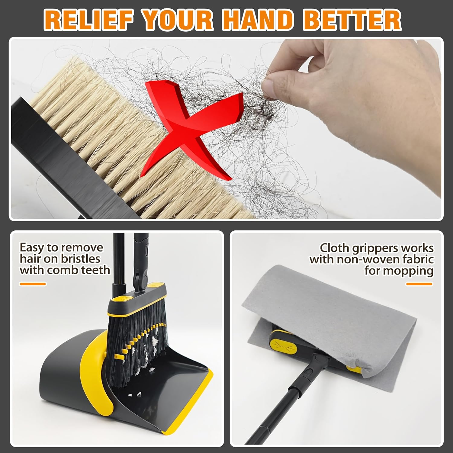 JEHONN Broom and Dust Pan, 138 Cm Long Handle Swivel Brush, Upright Foldable Dustpan with Comb Teeth for Home Kitchen Lobby Indoor Floor Cleaning (Black & Yellow) image number 3