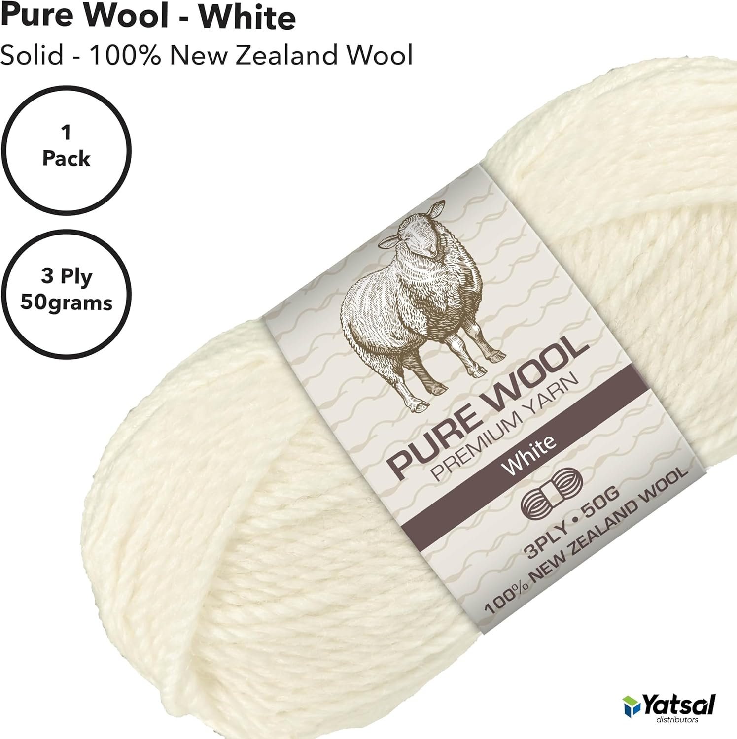 3-Ply Pure Wool 50 G, White