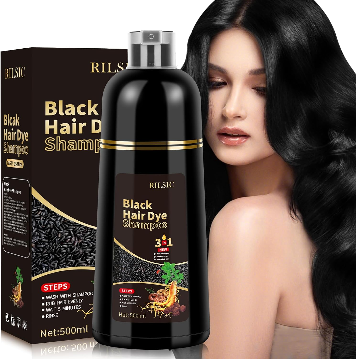 JELMOK Instant Hair Color Shampoo 3 in 1, 500ML for Grey Hair Coverage, Black Hair Dye in Minutes for Men Women image number 2
