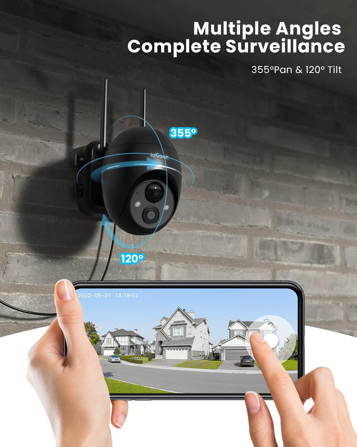 Iegeek 2K Security Camera Wireless Outdoor, Solar Dome Camera PTZ 360&deg; with Spotlight and Siren, 2.4Ghz Wifi Cameras, Color Night Vision, Compatible with Alexa, PIR, 2-Way Talk, IP65, Black image number 2