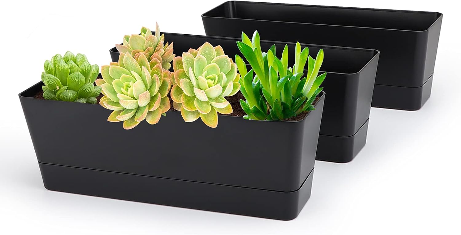 Black Rectangle Window Boxes, Greaner 3 Pack 12X3.8 Inch Herb Planters with Tray, Indoor Succulent Cactus Mint Plastic Pot for Windowsill, Garden Balcony, Office Outdoor Decoration image number 4