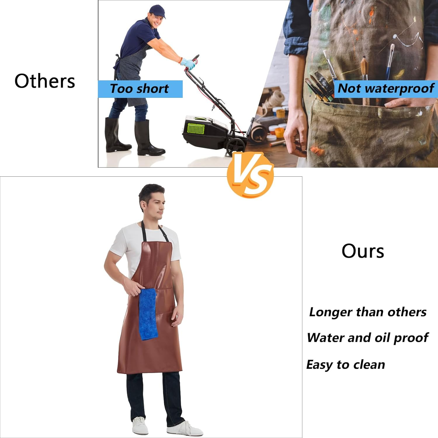 Funchaos Waterproof Apron, Heavy Duty Work Apron, Artificial Leather Apron Ideal for Chef,Butcher,Barber,Cleaning - Brown image number 5