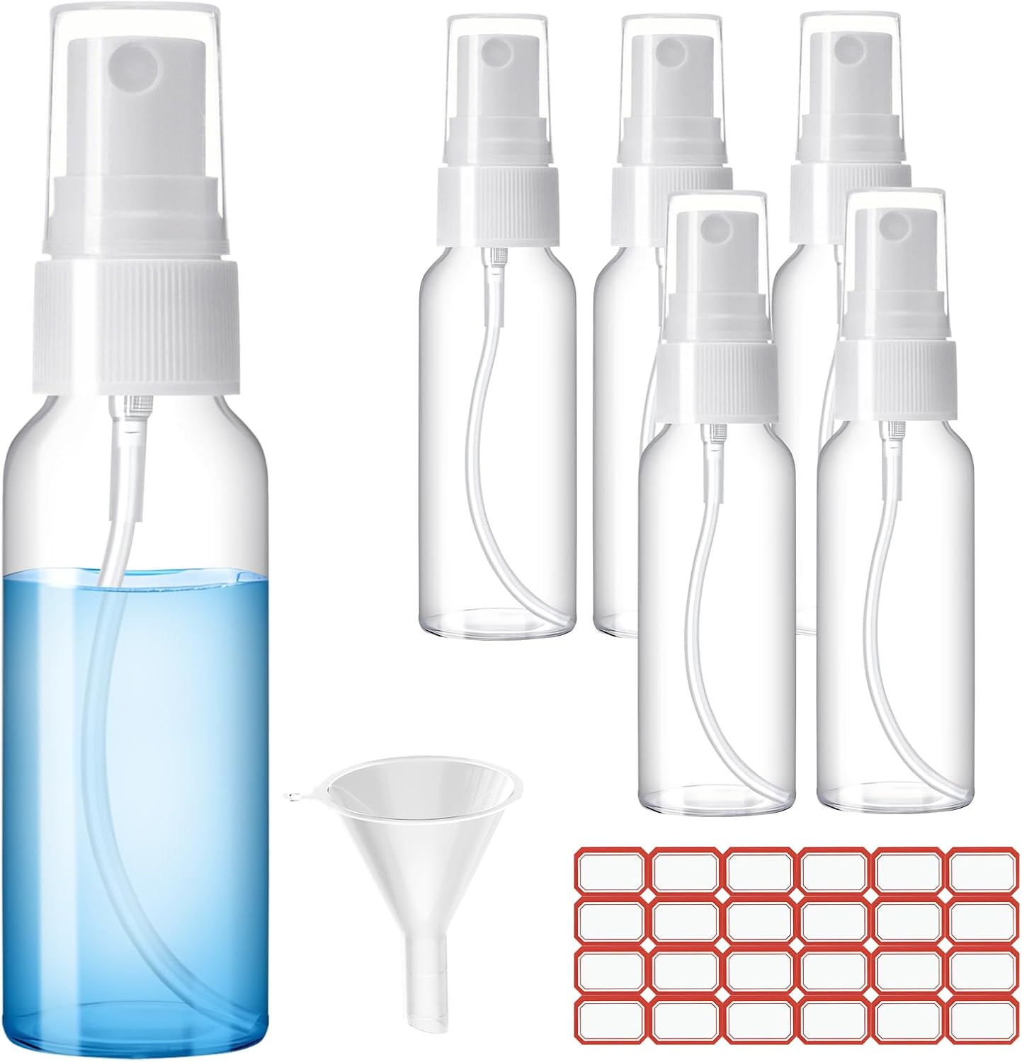 Zoizocp Spray Bottles, 2Oz/50Ml Clear Empty Fine Mist Plastic Mini Travel Bottle Set, Small Refillable Liquid Containers with 2Pcs Funnels and 24Pcs Labels (6 Pack)