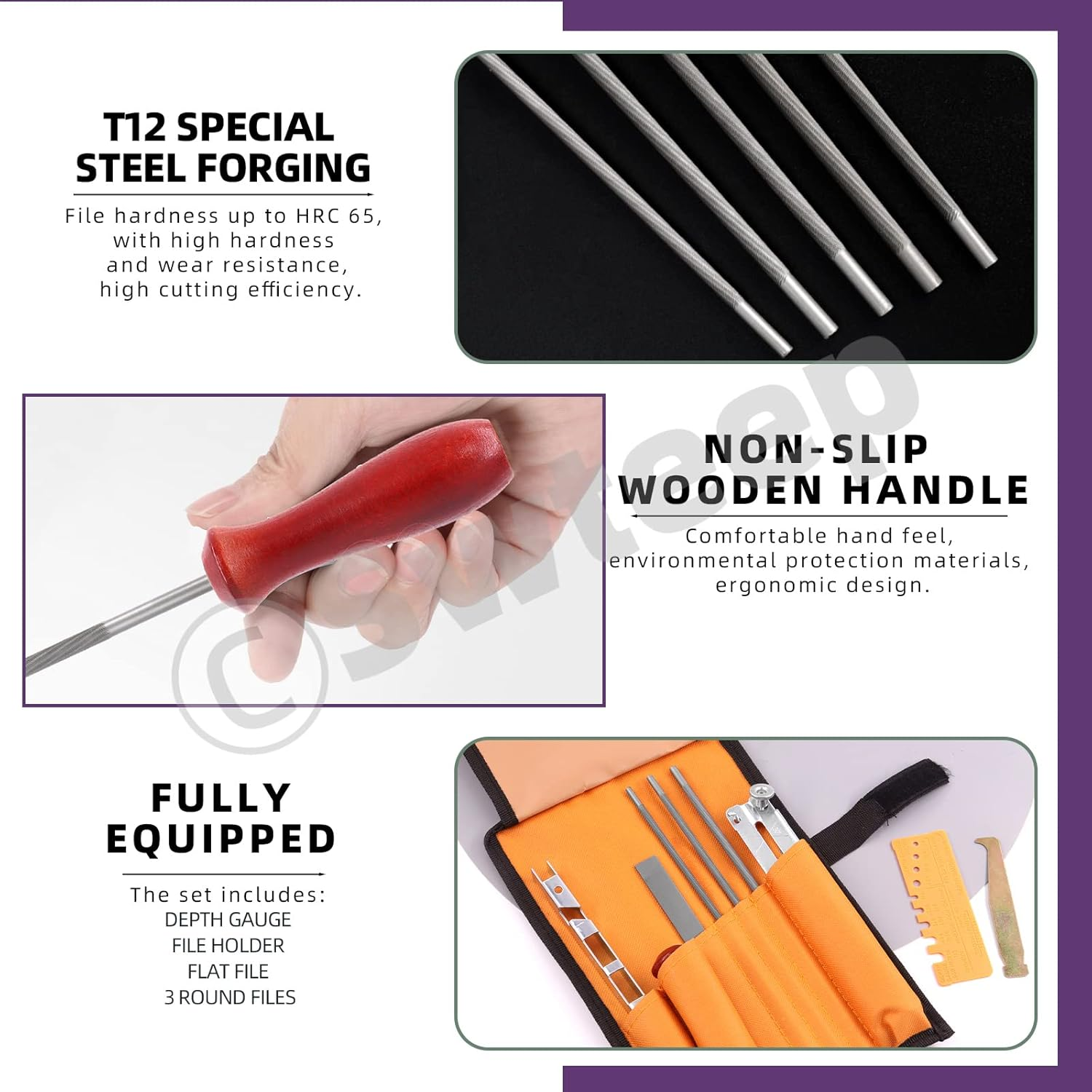 Swpeet 10Pcs Chainsaw Sharpener File Kit, round Files of 5/32, 3/16, 7/32 Inch, Flat File, Blade Filing Guide, Raker Tooth Depth Gauge, Wood Handle and Tool Pouch for Sharpen Chain Saw Teeth Blade image number 5