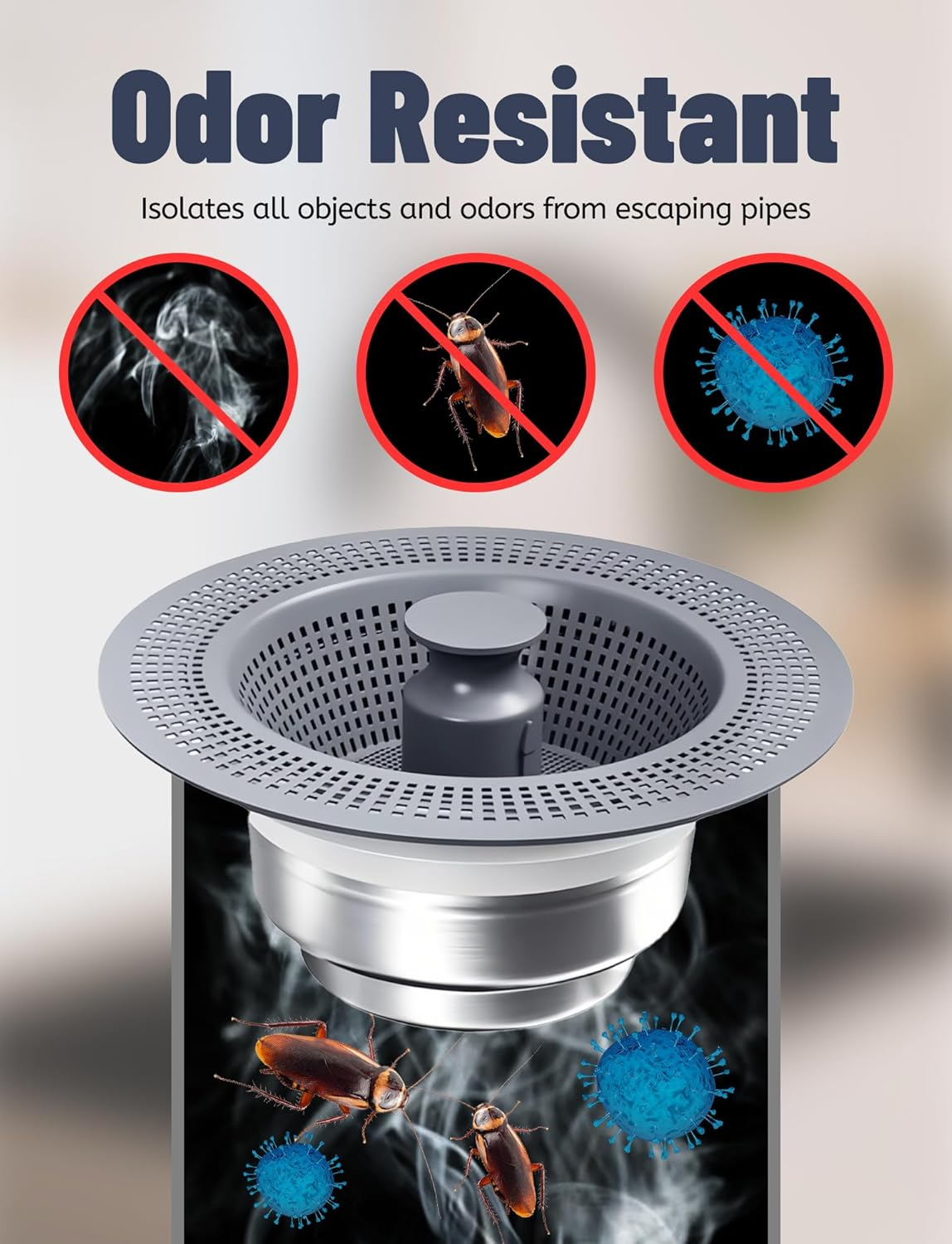 Upgraded Kitchen Sink Drain Strainer and Stopper Set 304 Stainless Steel Pop up Sink Drain Strainer with Rod Anti-Clog Kitchen Sink Filter Clog-Free Kitchen Sink Strainer Light Silver - Light Silver image number 5