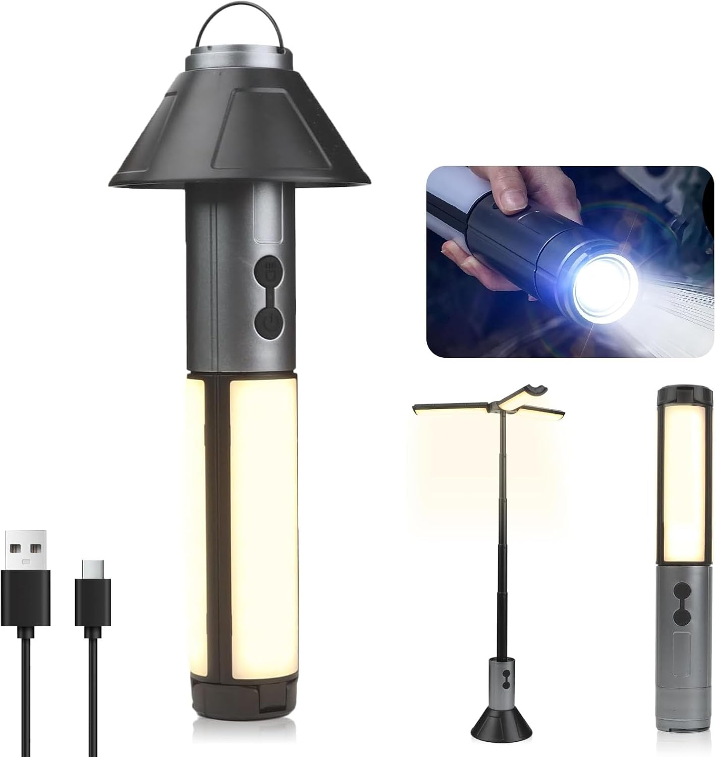 SWNEPOF Rechargeable Camping Lantern with 3000Mah Battery, Telescopic Triple LED Heads Flashlight, 5 Lighting Modes, IPX4 Waterproof Portable Collapsible Light for Camping, Hiking, Emergency Use