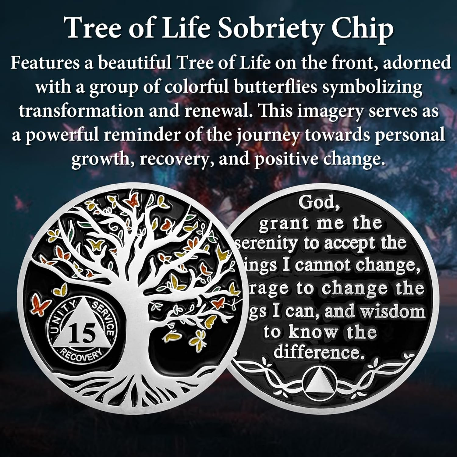 15 Year Sobriety Coin, Butterfly Tree of Life AA Medallions Serenity Prayer Sobriety Chips - AA Coins Anniversary Recovery Chips Sober Tokens for Alcoholics Anonymous Recovery Sober Gifts image number 4