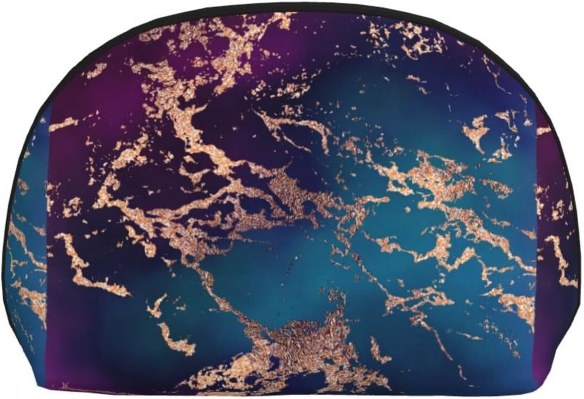 Cozimangoe Coin Pouch Makeup Bags Set, 2 Piece Shell Shape Cosmetic Bag with Pockets for Daily Travel Handbag Lipstick Keys Toiletry, Personalized Marble Luxe Decor Dark Purple and Teal with Gold image number 6