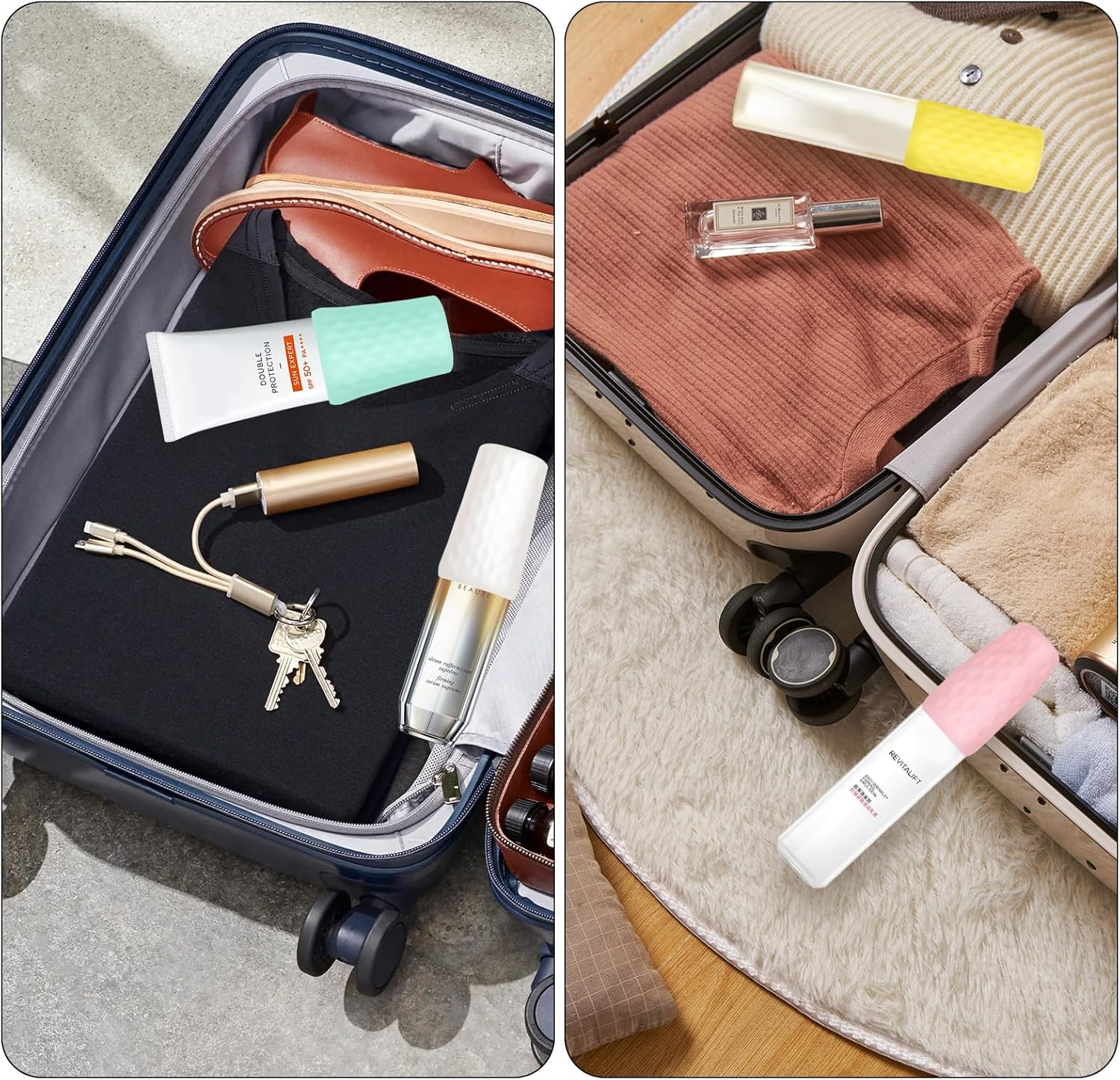 10 Pack Silicone Bottle Covers for Travel, Cruise Essentials for Men and Women, Leaklocks Toiletry Skins for Shampoo, Conditioner, Shower Gel and Other Bottles image number 1