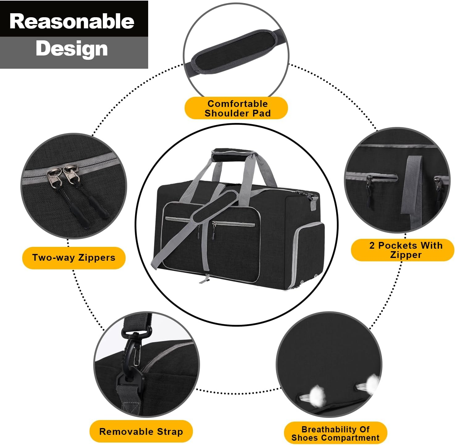 Travel Bag for Men, Foldable Travel Bag with Shoe Compartment, Black