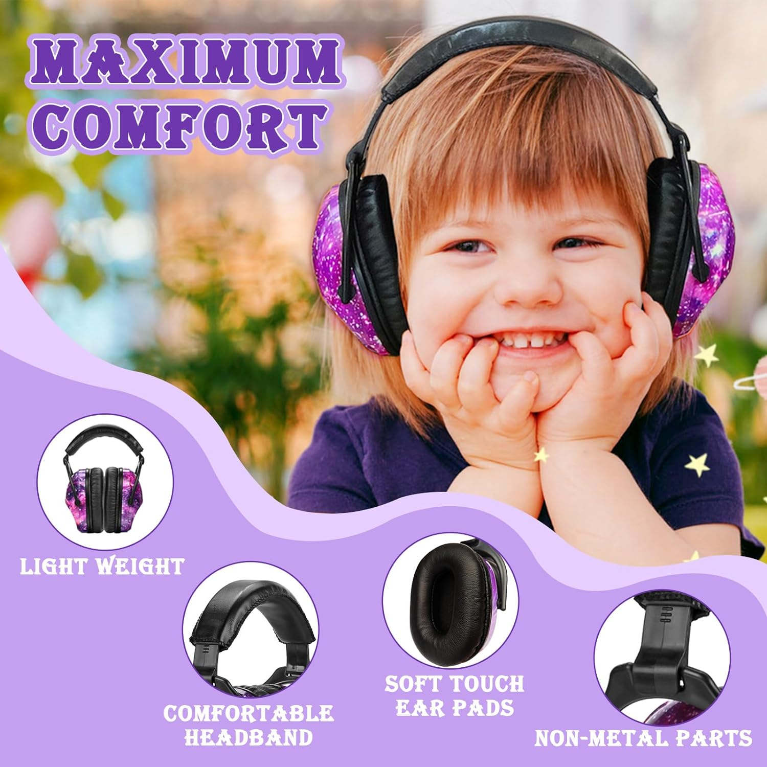 ZOHAN EM030 Kids Ear Protection Safety Ear Muffs for Concerts, Fireworks, Air Shows, Upgraded Adjustable Noise Reduction Hearing Protectors for Children Have Sensory Issues - Nebula Print image number 2
