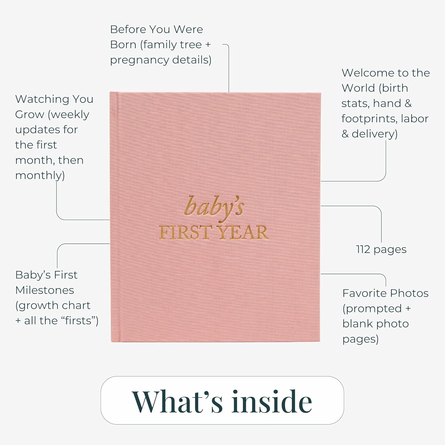 Baby First Year Book - Heirloom Keepsake Baby Memory Book to Record Important Milestones, Photos & More - Baby Keepsake Books (Dusty Rose,112 Pages) - Dusty Rose image number 6