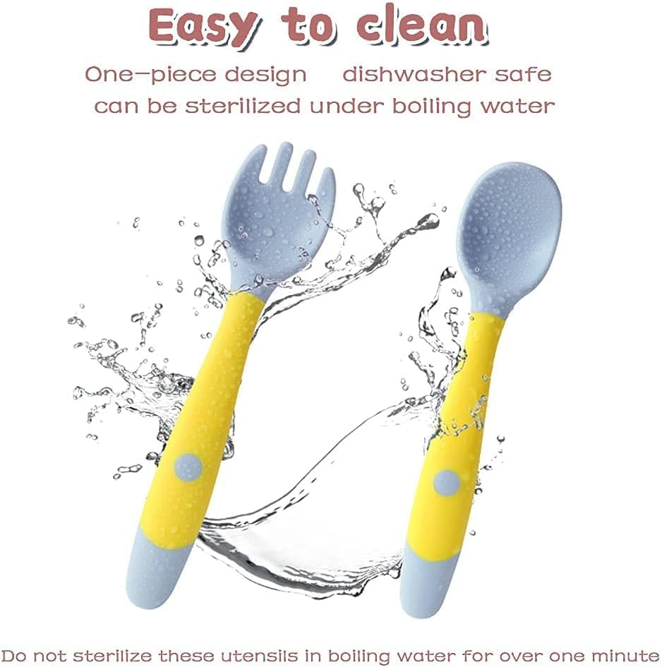 Toddler Utensils with Travel Case, Baby Spoon and Fork Set for Self-Feeding,Silicone Bendable Handle, Easy Grip Heat-Resistant, Self-Feeding Flatware Sets for Kids (2 Set, Yellow Green) image number 6