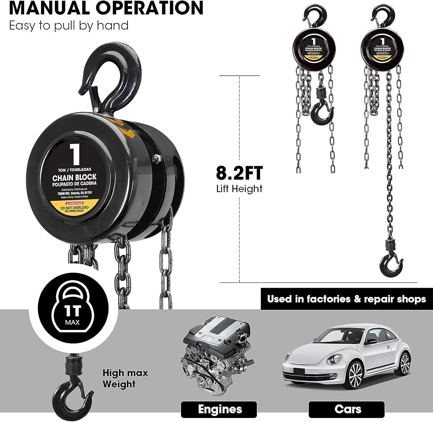 Torin ATR9010B Manual Hand Lift Steel Chain Block Hoist with 2 Hooks, 1 Ton (2,000 Lb) Capacity, Black image number 4