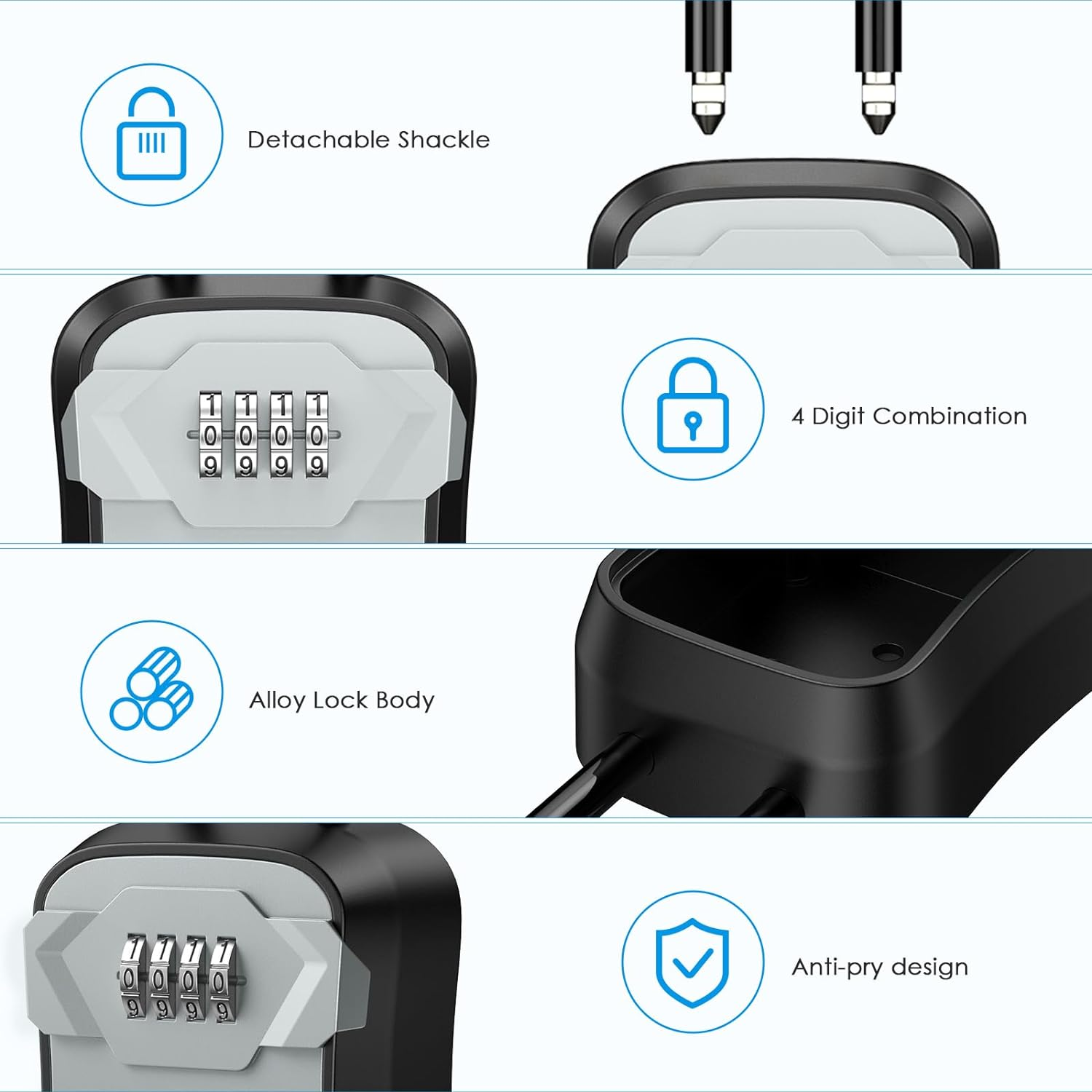 AMIR Key Lock Box, Portable Lockbox for House Keys, 4 Digit Combination Security Lock Box with Resettable Code, Wall-Mounted Key Safe Storage Lockbox for Home, Office, Garage, Apartment Spare Keys image number 6