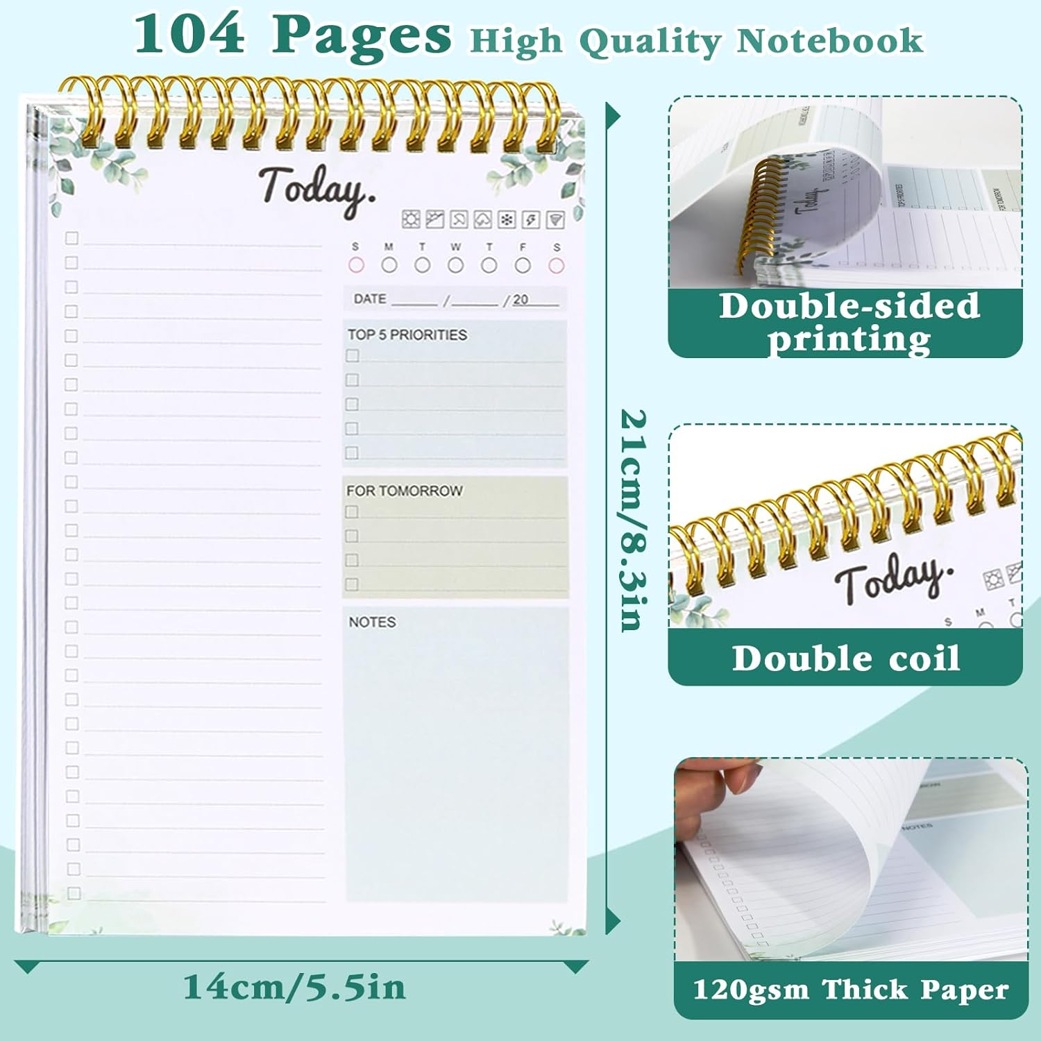 Doublecare 2 Packs To-Do List Notepad, A5 Daily Planner Notepad, Totally 208 Pages Undated Planning Pads with Task Checklist, Spiral Binding, 120 GSM Paper, PVC Cover for Home, Office & School Supplies - Green image number 4