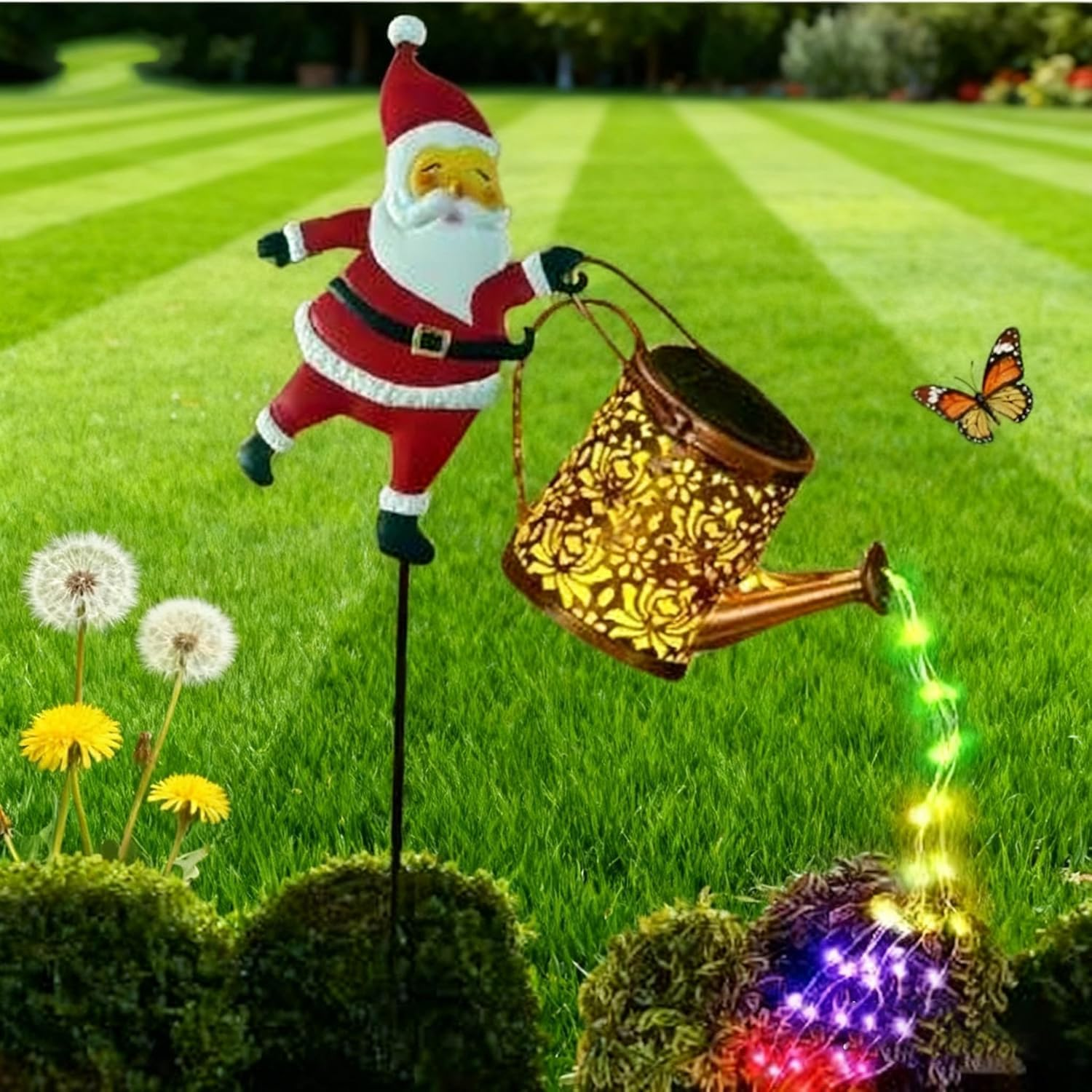 Christmas Santa Solar Kettle Lights, Garden Lawn Decorative Outdoor Waterproof Metal Watering Can with LED String Lights, Hanging Solar Lamp for Patio Yard Pathway Decorations Gifts (Color-2Pc)