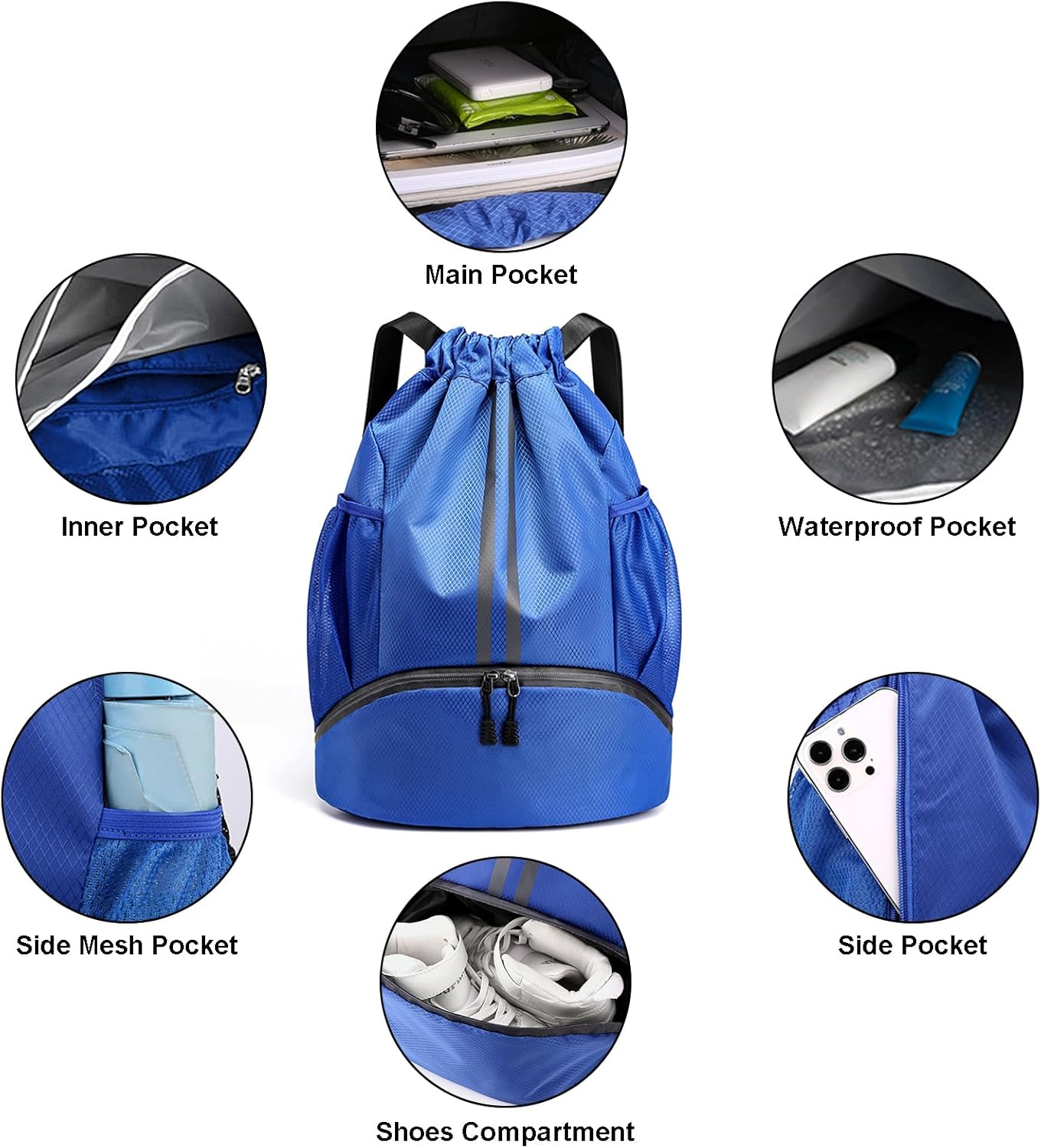 Drawstring Backpack Water Resistant String Bag Gym Sports with Shoe Compartment Side Mesh Pockets for Women Men image number 6