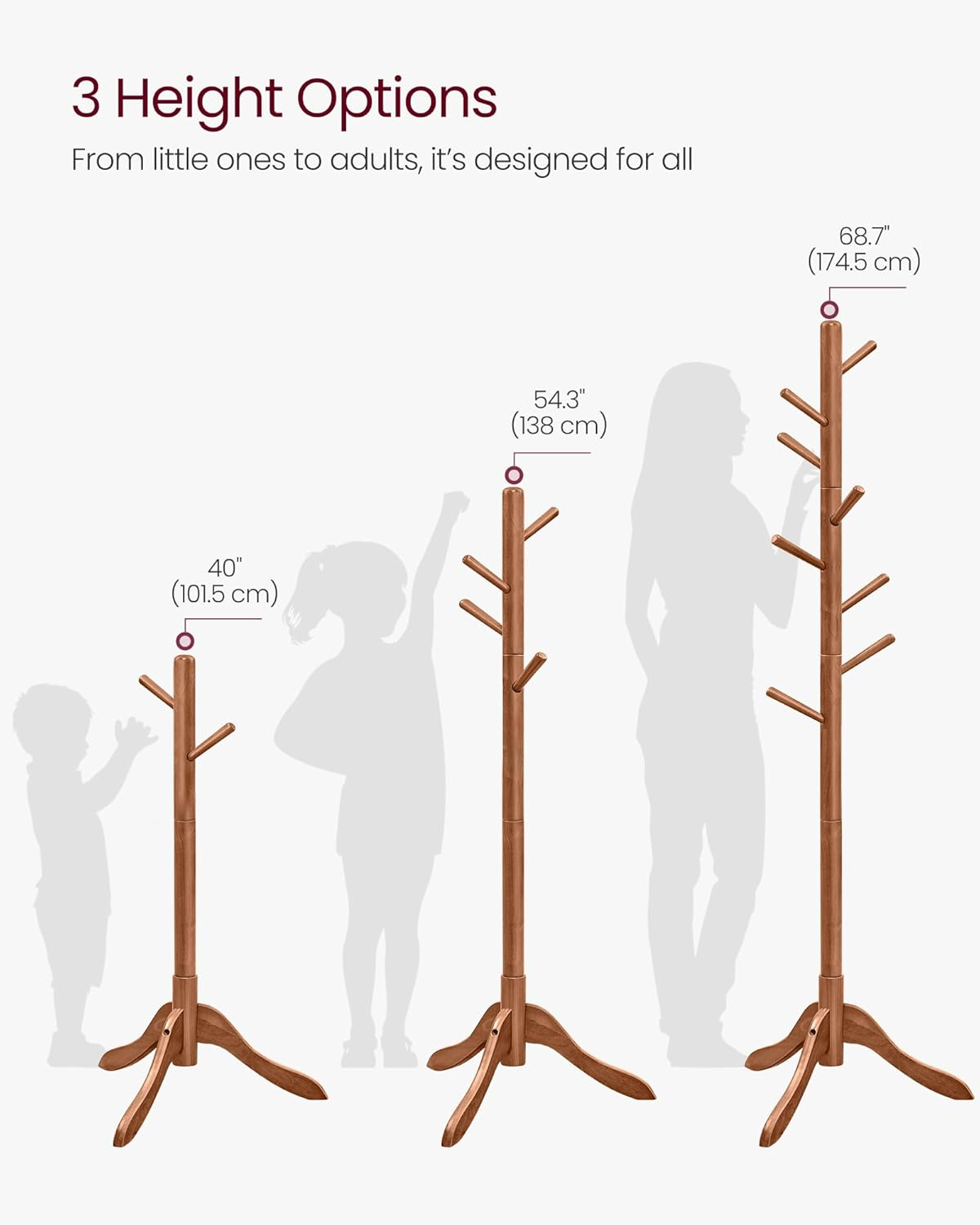 VASAGLE Solid Wood Coat Rack, Free Standing Tree-Shaped Coat Rack with 8 Hooks, 3 Height Options, for Clothes, Hats, Bags, Living Room, Bedroom, Home Office, Caramel Brown URCR01WN image number 5