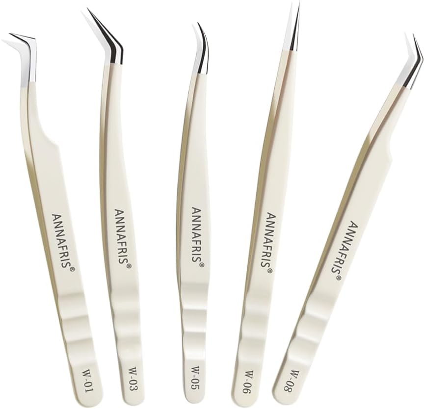 ANNAFRIS Lash Tweezers for Eyelash Extensions,Precision Fiber Tip Tweezers for False Eyelashes,Stainless Steel Tweezers(W1+3+5+6+8)