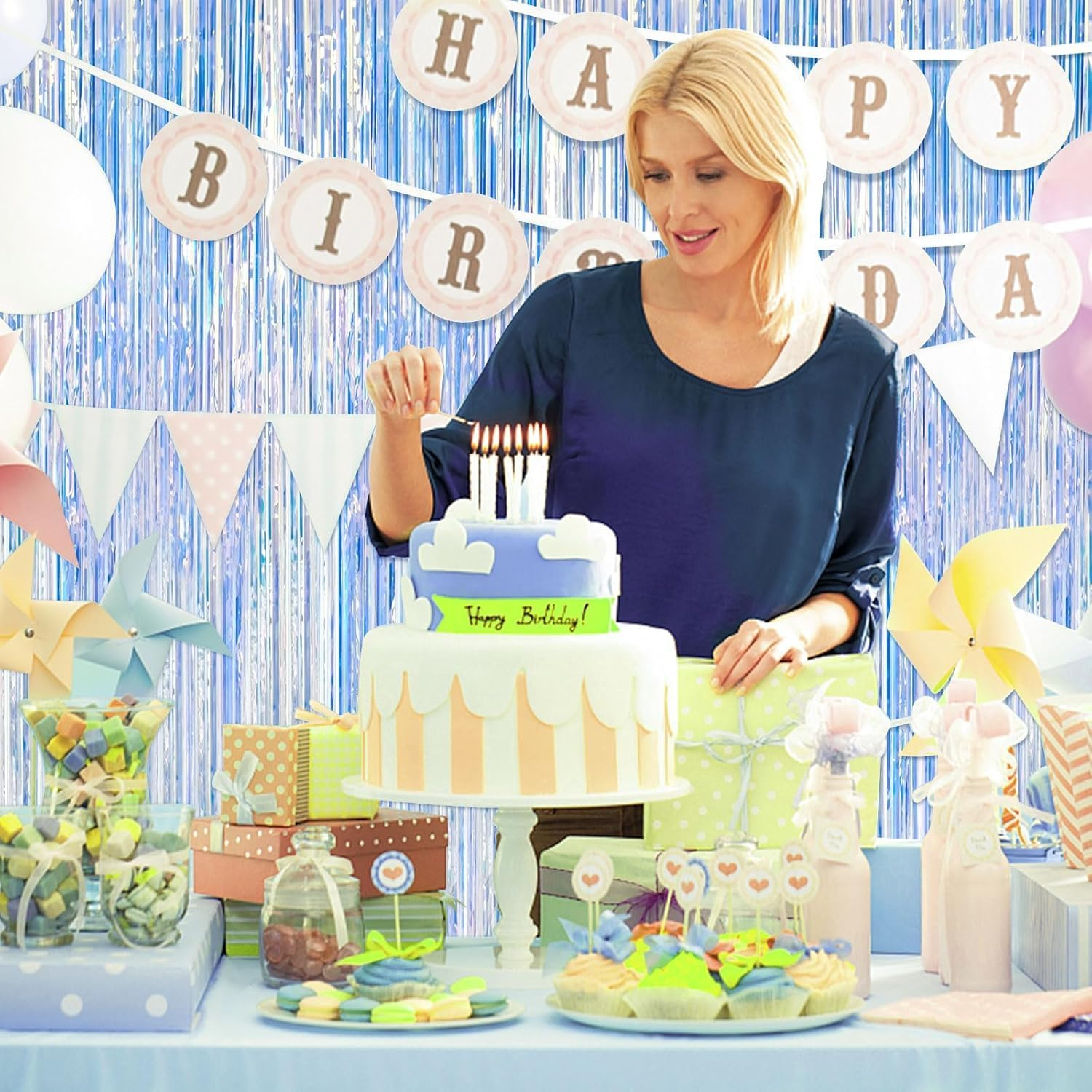 2 Pack Iridescent Party Streamers Backdrop Decorations- Neon Transparent Holographic Tinsel Foil Fringe Curtain for Mermaid/Frozen/Sea/Euphoria/Eras Party Theme Decorations 3.2Ft X 6.5Ft 2 PCS image number 4