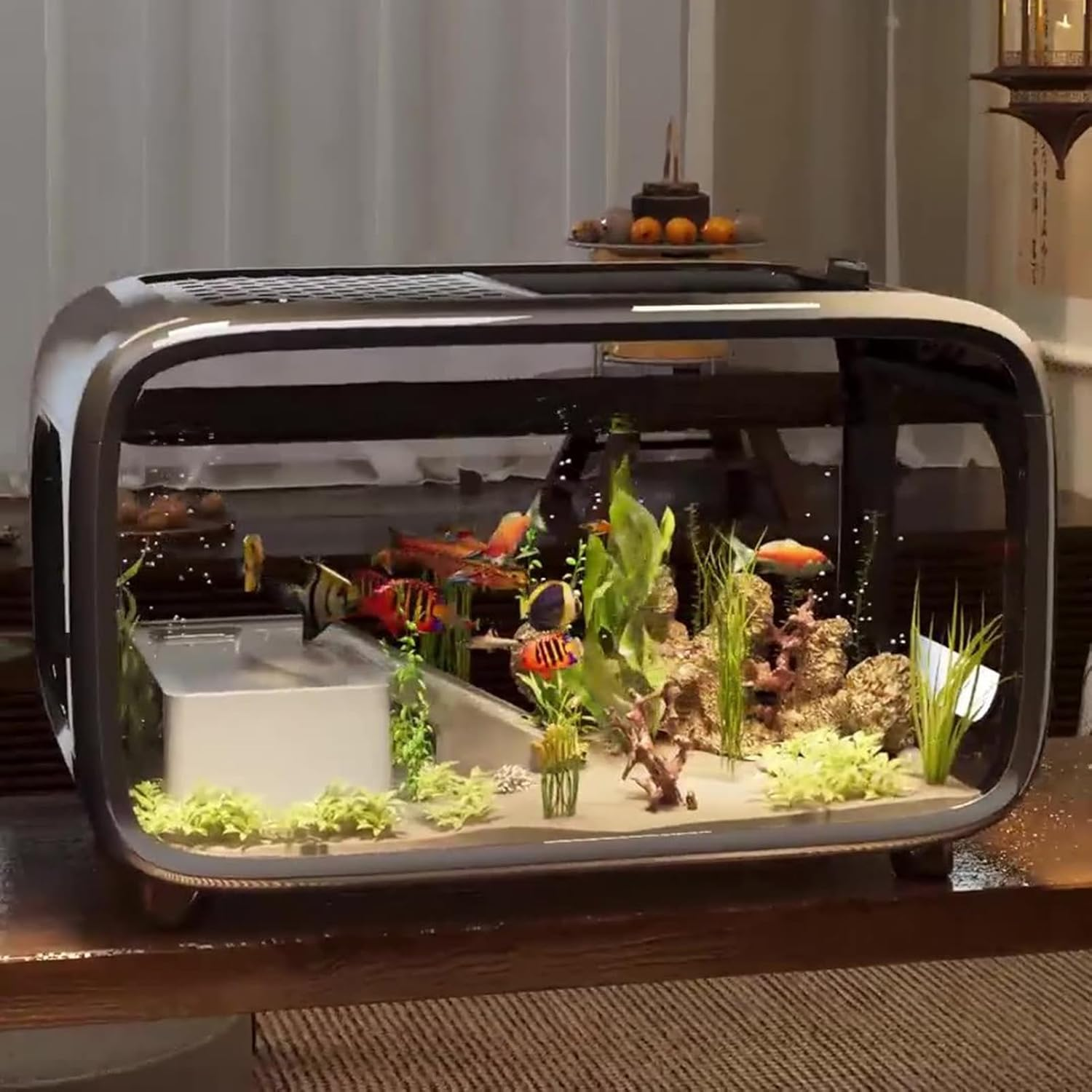 Desktop Fish Tank, Betta Tank Landscape Aquarium, Clear Acrylic Landscape Container Bowl with Top Feeding Hole for Betta Shrimp Snails Turtle Aquatic Animals