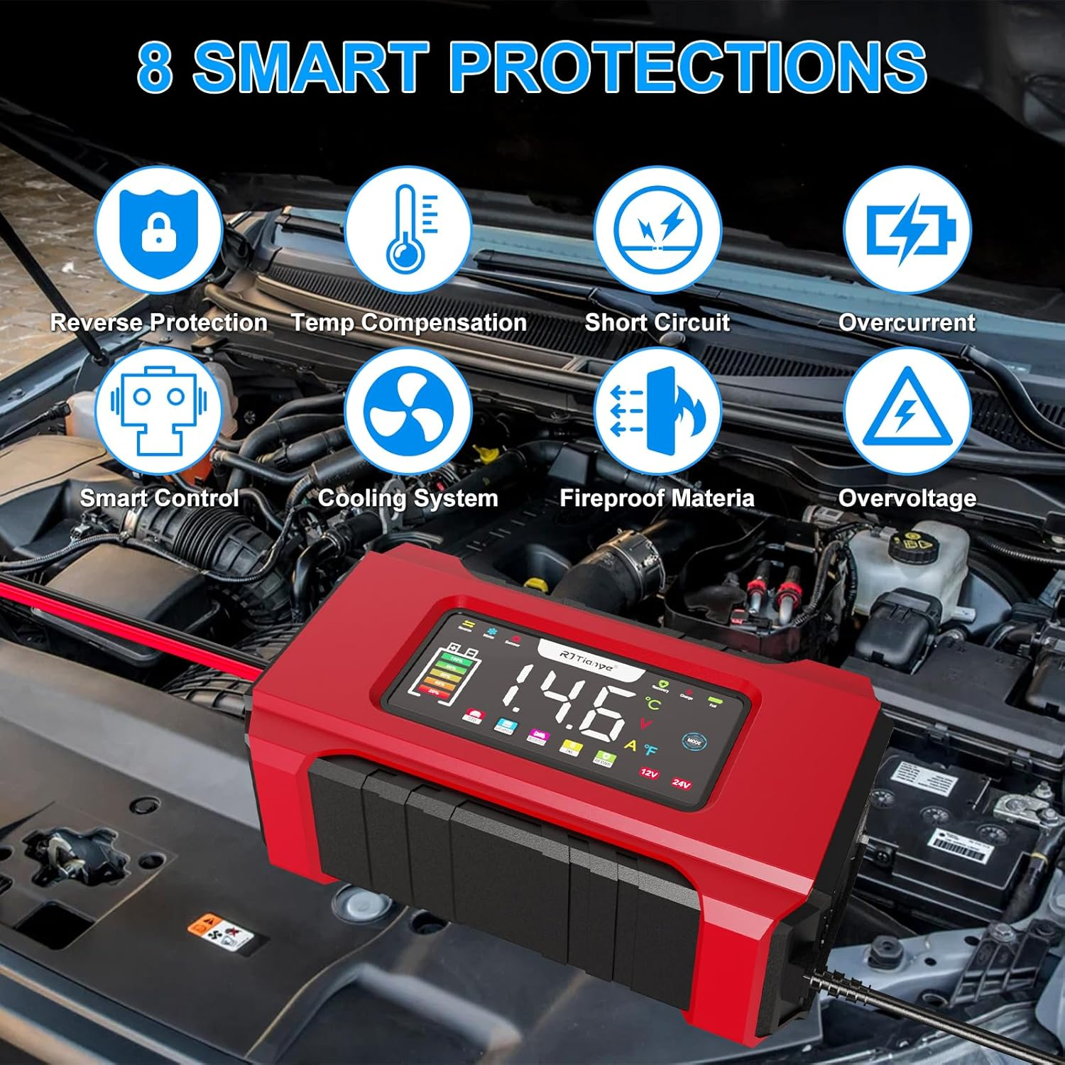 15A 12V/24V Smart Portable Battery Charger with AU Plug: 9-Stage Maintenance, Temp Compensation for Lead Acid Batteries in Automotive, Marine, Lawn Equipment image number 6