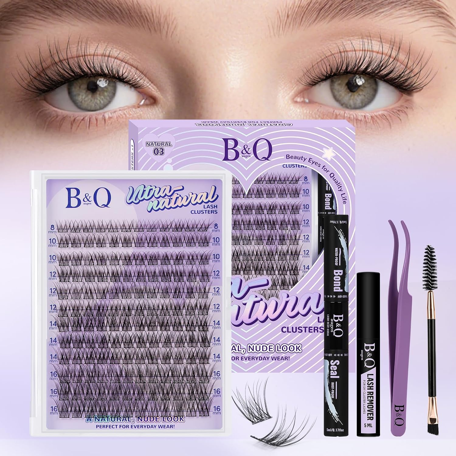 B&Q Natural Lash Clusters 144PCS DIY Cluster Lashes C Curl 8-16Mm 0.03Mm Thin Band Eyelash Clusters Cruelty Free & Easy Apply Wispy Lash Cluster Soft Lashes for Daily Look (Natural 02)