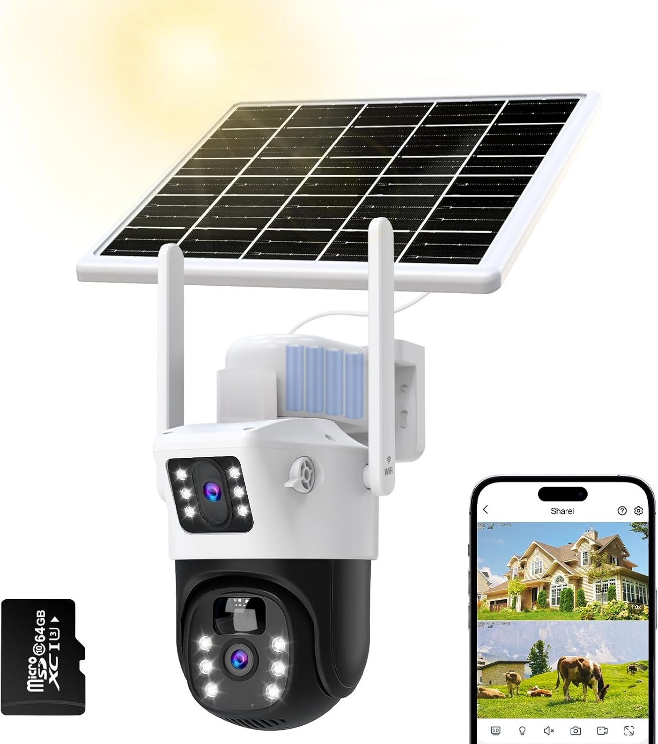 Oolong Security Camera Outdoor Wireless with Dual Lens Dual PIR,10400 Mah Battery,355&deg;P 90&deg;T, 8W Solar Panel,Solar Home Wifi Surveillance Ring Camera with Color Night Vision,64Gb Card Included,Ip66 image number 2