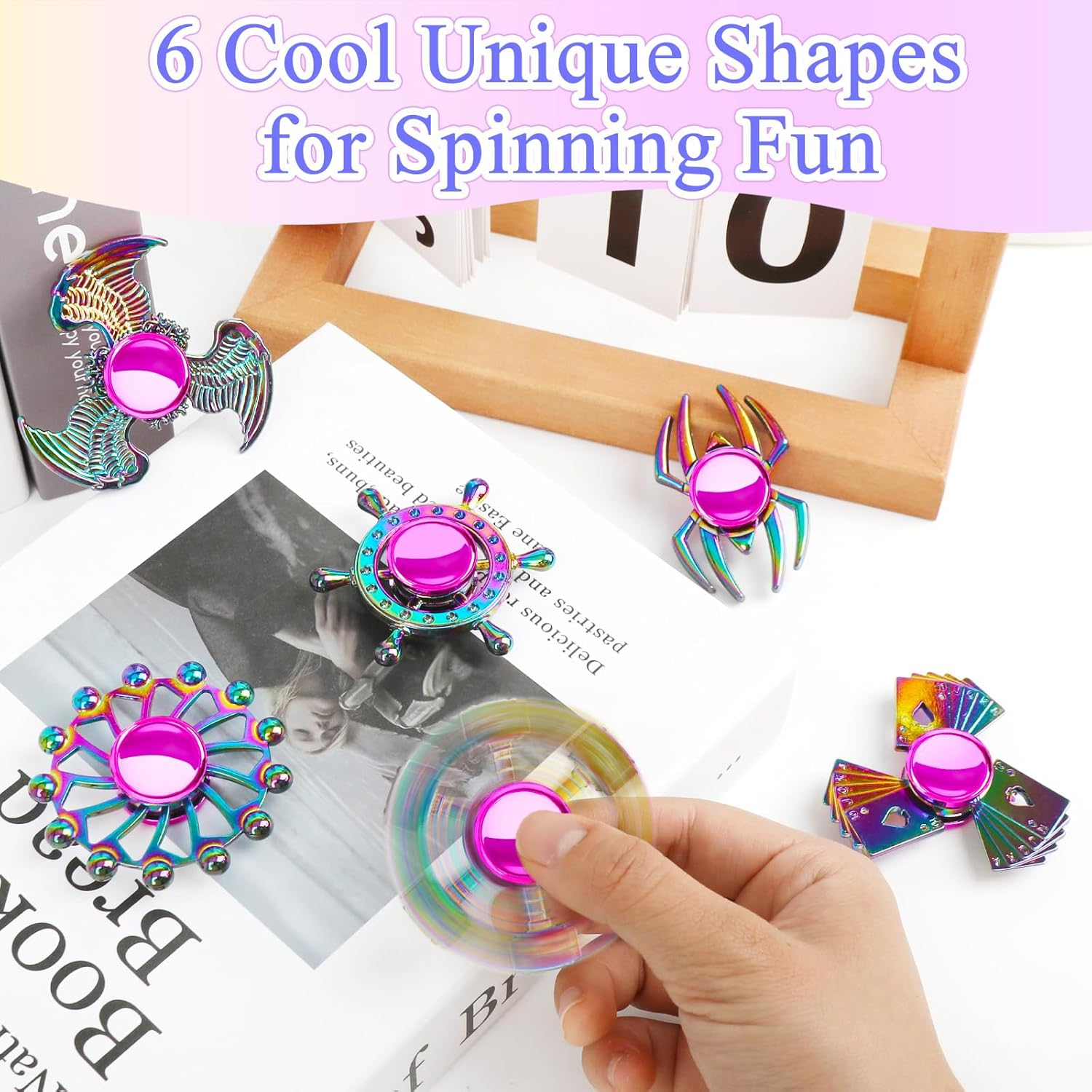 Taefuhnn 6 Pack Metal Fidget Spinner Bulk for Kids Adults, Cool Small Hand Fidget Spinners with Storage Bag, Rainbow Color Anxiety and Stress Relief Toys for Kids Party Favors Supplies Birthday Gifts image number 5