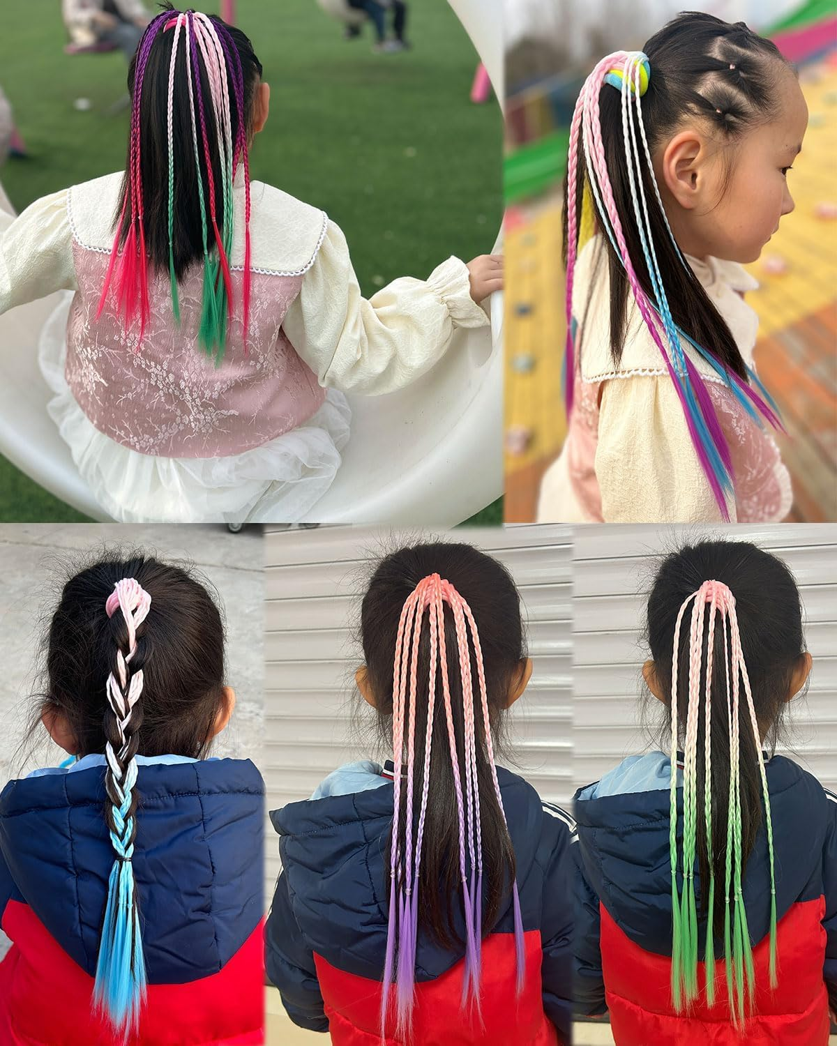 Colorful Wig Braid Head Rope, 12Pcs Coloured Hair Extensions with Hair Clips, Rainbow Braided Kids Hair Extensions, Colored Braids Hairs Extension with Rubber Bands
