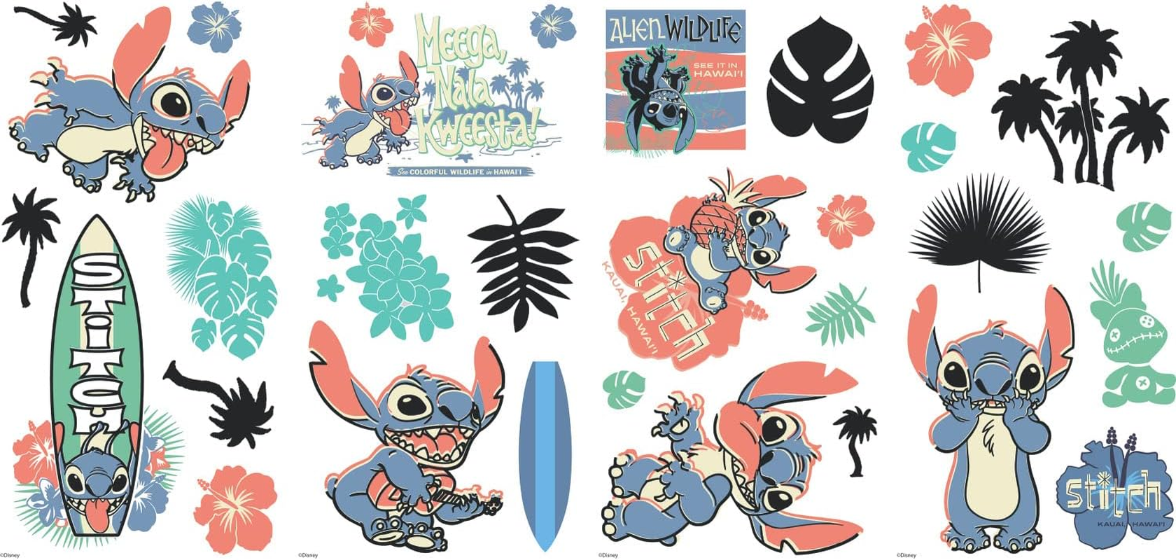 Roommates RMK5367SCS Stitch Surf'S up Peel and Stick Wall Decals, Pink, Blue, Green, Black