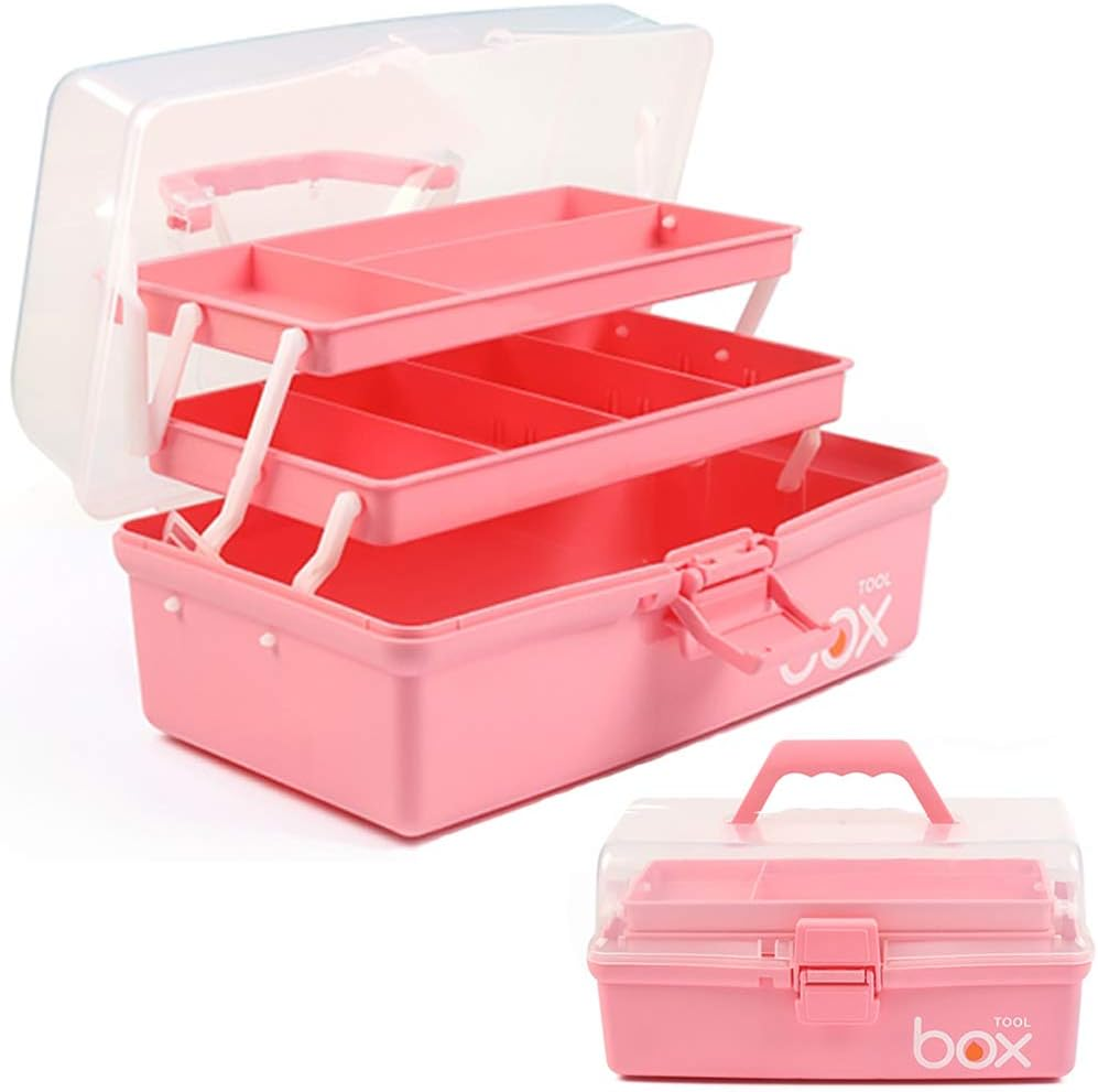 12In Three-Layer Multipurpose Storage Box Organizer Folding Tool Box/Art & Crafts Case/Sewing Supplies Organizer/Medicine Box/Family First Aid Box with 2 Trays (Pink)