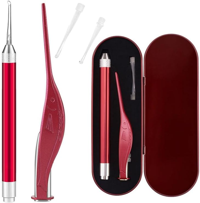 Ear Pick, 2PCS Stainless Steel Illuminated Earwax Removal Kit with Storage Box, High Safety LED Lighted Ear Wax Cleaner Tweezers for Kids (Rose Gold)