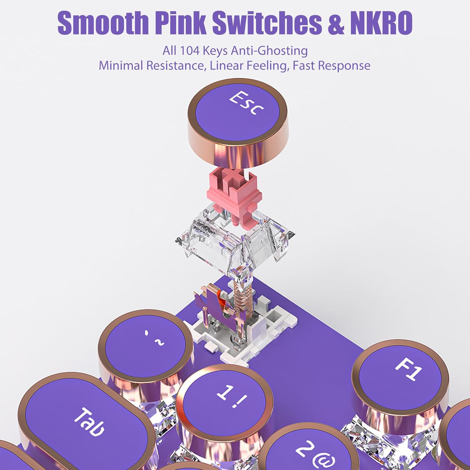 TISHLED Typewriter Style Mechanical Gaming Keyboard White LED Backlit 104-Key NKRO Pink Switches Retro round Keycaps Golden Ring Volume Knob Metal Panel Wired USB-C Detachable Cable, Purple - Purple image number 2