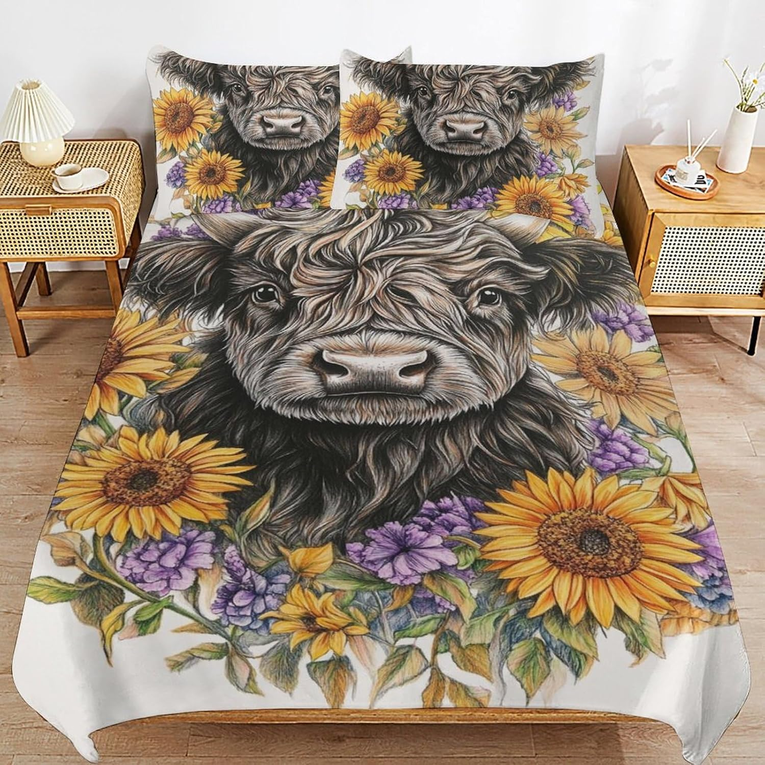 3Pcs Highland Cow Bedding Set Luxury 3D Printed Duvet Cover Sets with Pillowcase Sunflower Animal Quilt Covers Soft Microfiber Comforter Cover with Zipper,Queen（210X210Cm） image number 2