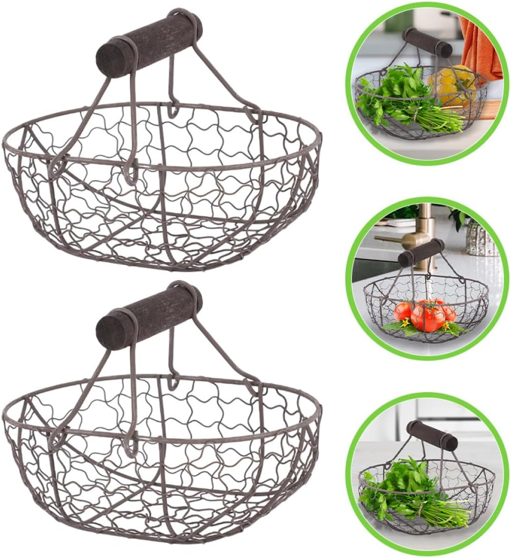 Ibasenice 2Pcs Vintage Iron Fruit Basket with Wooden Handles, Kitchen Storage Baskets for Vegetables, Eggs and Bread, Countertop Food Storage Organizer in Grey-Black image number 2