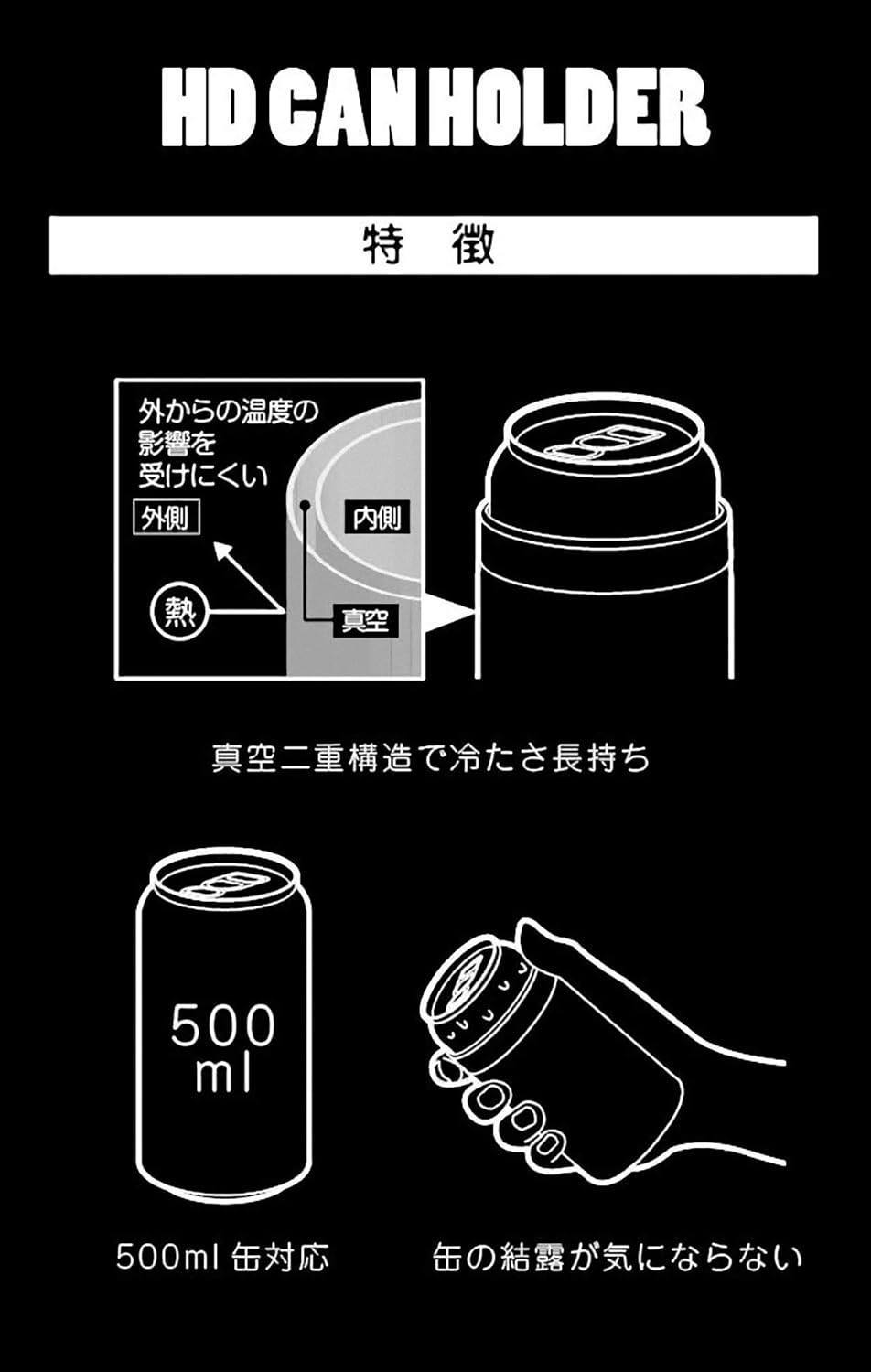 Captain Stag UE-3493 HD Insulated Can Holder for 16.9 Fl Oz (500 Ml) Cans, Black