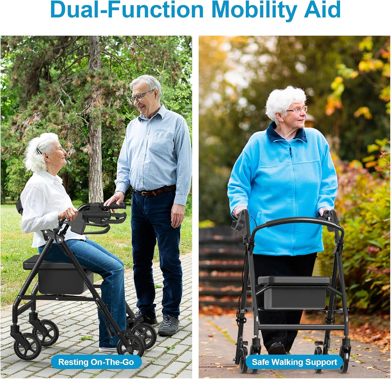 Advwin Lightweight Rollator Walker, 4-Wheel Folding Mobility Aid with Padded Seat, Dual Brake System, Adjustable Arms, and Under-Seat Storage Bag for Seniors and Elderly