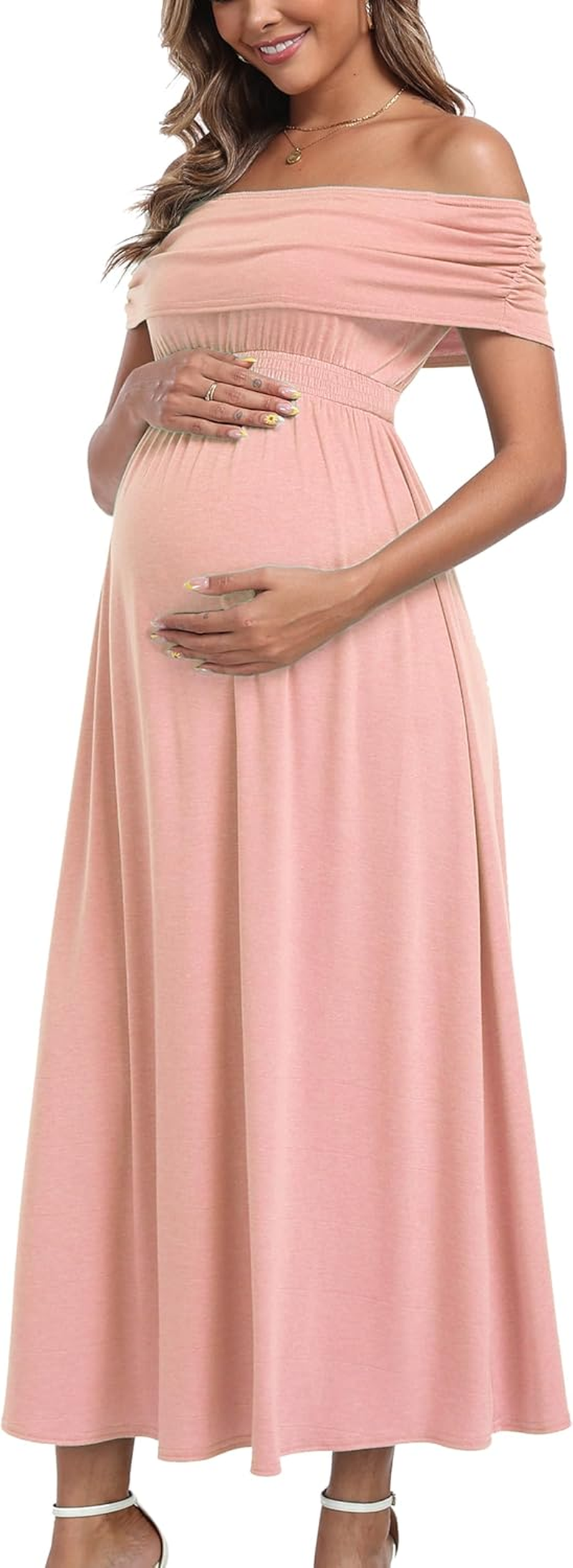 Off the Shoulder Maxi Maternity Dress for Photoshoot Baby Shower Sleeveless Casual Long Dresses image number 3