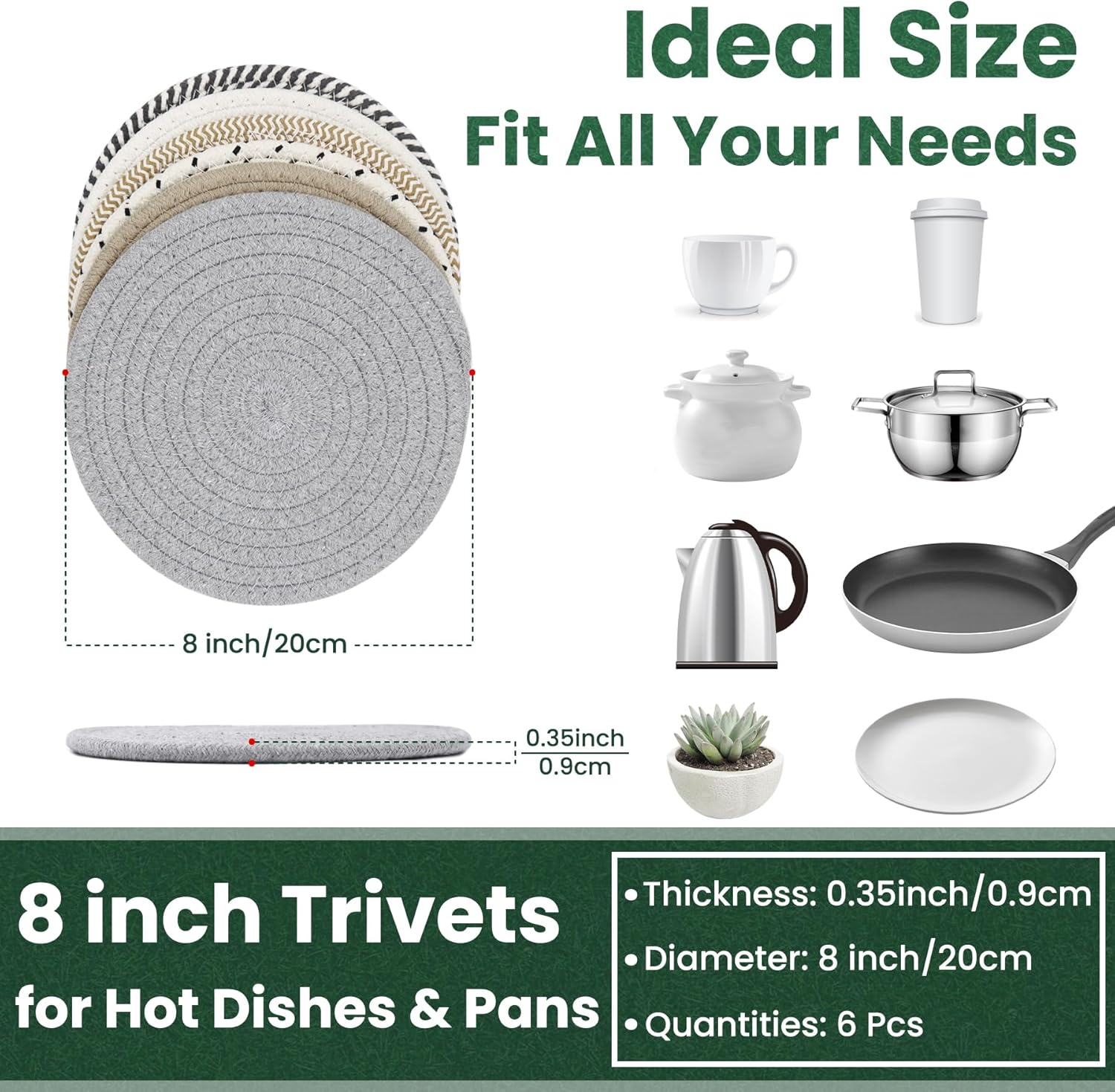 8 Inch Trivets for Hot Dishes, Hot Pots and Pans, Thick Heat Resistant Large Coaster for Kitchen, Hot Pads, Kitchen Essentials, Kitchen Decor for Table & Countertop, 6 Pcs - Mix Color image number 5