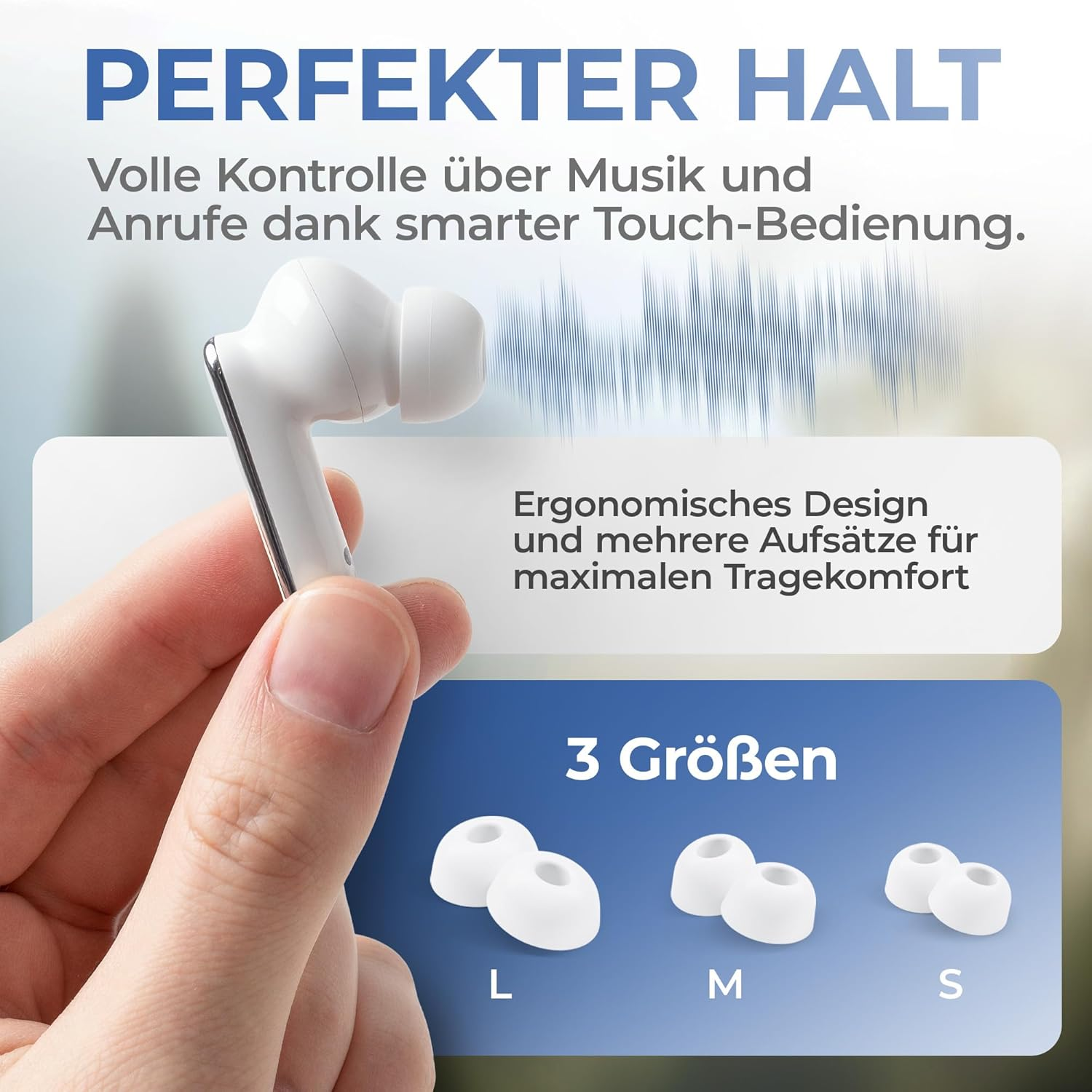 FREI PUNKT 24 In-Ear Headphones - Bluetooth 5.3, White, ANC+ENC Noise Cancellation, 6+48H Runtime, LED Display, Rich Bass, 3 Pairs Silicone Ear Tips - Black image number 3