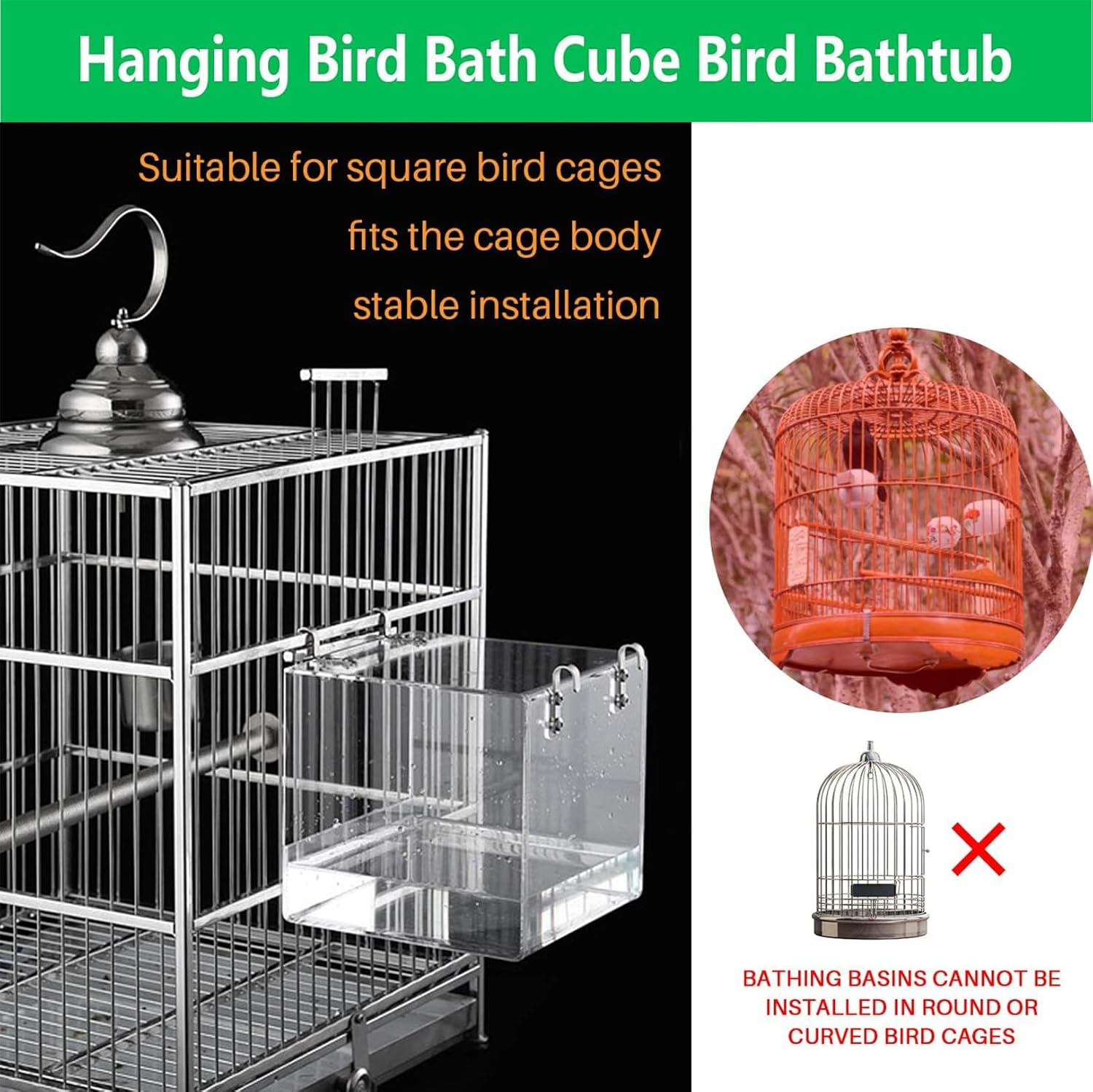 FUNNTY Acrylic Hanging Bird Bath Cage Bird Bathtub Bath Shower Box No-Leakage Bird Bathtub Bird Feeder Cage Bathtub Box for Parakeets Small Bird Parakeets Parrot with 4 Hooks（ 11X13X13Cm） image number 1