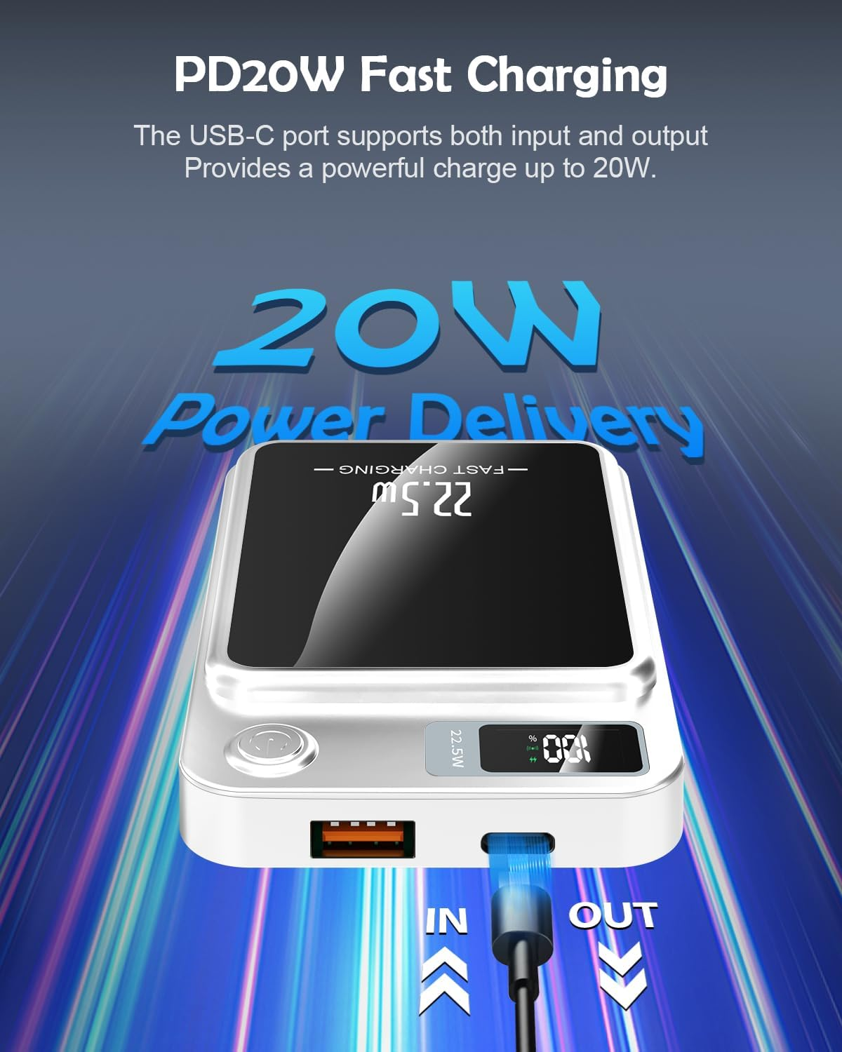 Wireless Portable Charger, Mini Magnetic 10000Mah Power Bank 15W Fast Wireless Charging 22.5W USB PD QC3.0 Type-C LED Display Battery Pack Compatible for Iphone 14/15/13/12 Series (White) image number 5