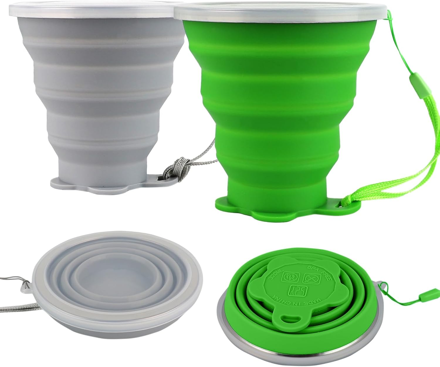 Ddluck Silicone Collapsible Camping Cup, 4 Pack 320Ml Foldable Travel Mug, Folding Portable Cups with Plastic Sealing Lid, Reusable Mugs Set for Picnic, Camping, Office, Outdoor Hiking