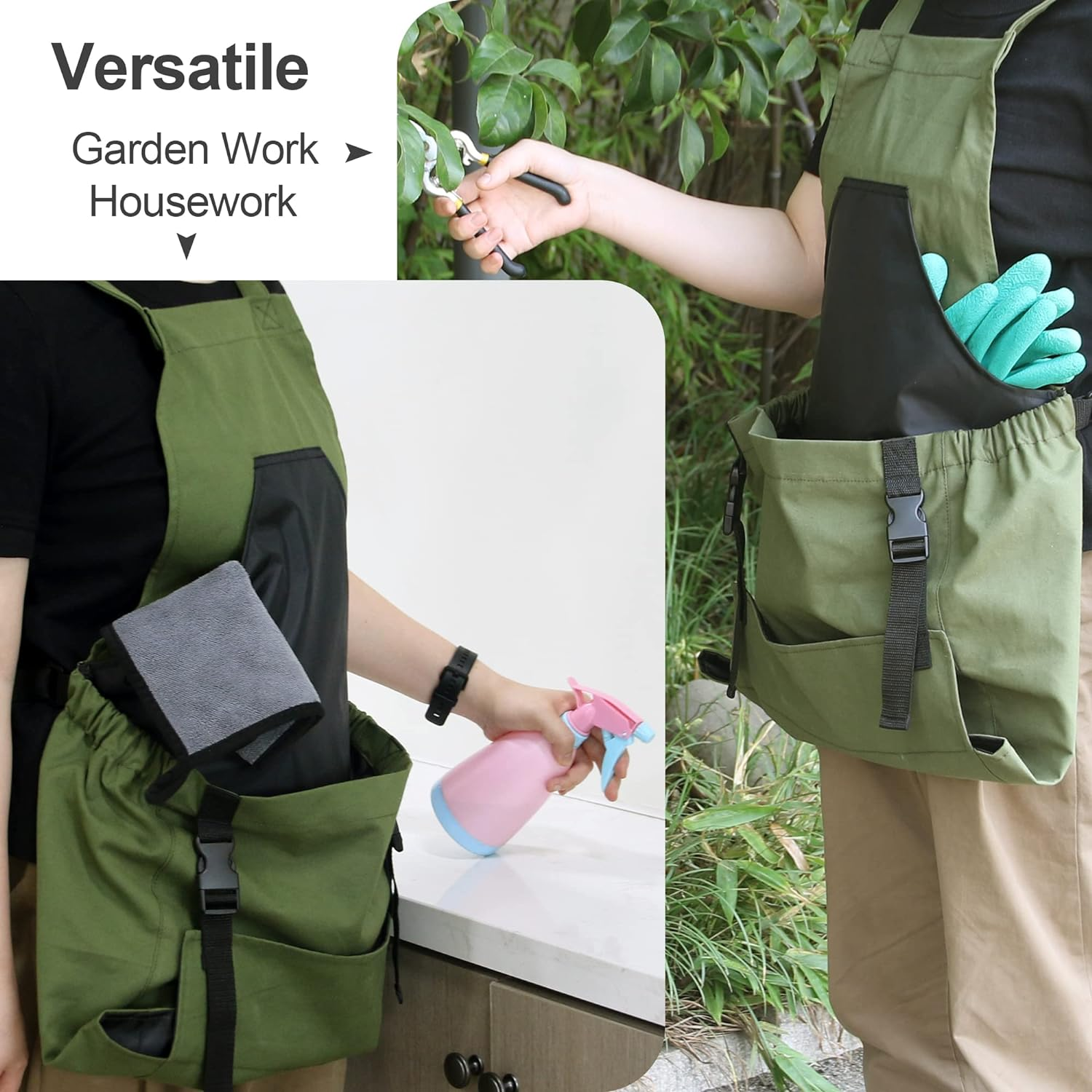 Gardening Apron with Pockets,Tool Apron for Women with Quick Release Lower Pocket, Washable Cotton and Adjustable Waist for Women Gardening Gift - Green image number 5