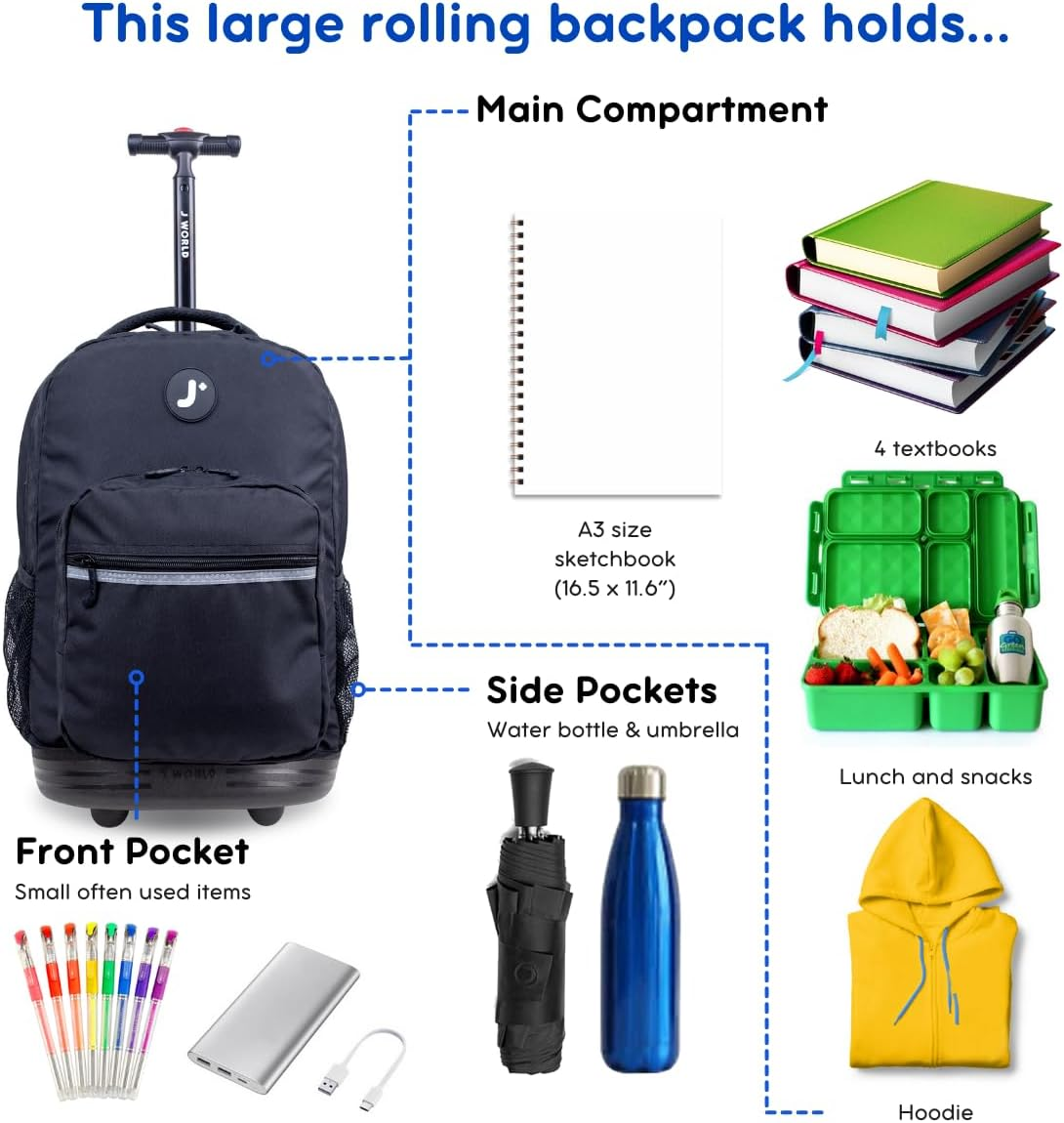 J World Sunrise Kids Rolling Backpack for Girls Boys. Roller Bookbag with Wheels for School, Black, 18", Sunrise Kids Rolling Backpack for Girls Boys Teen. Roller Bookbag with Wheels image number 4