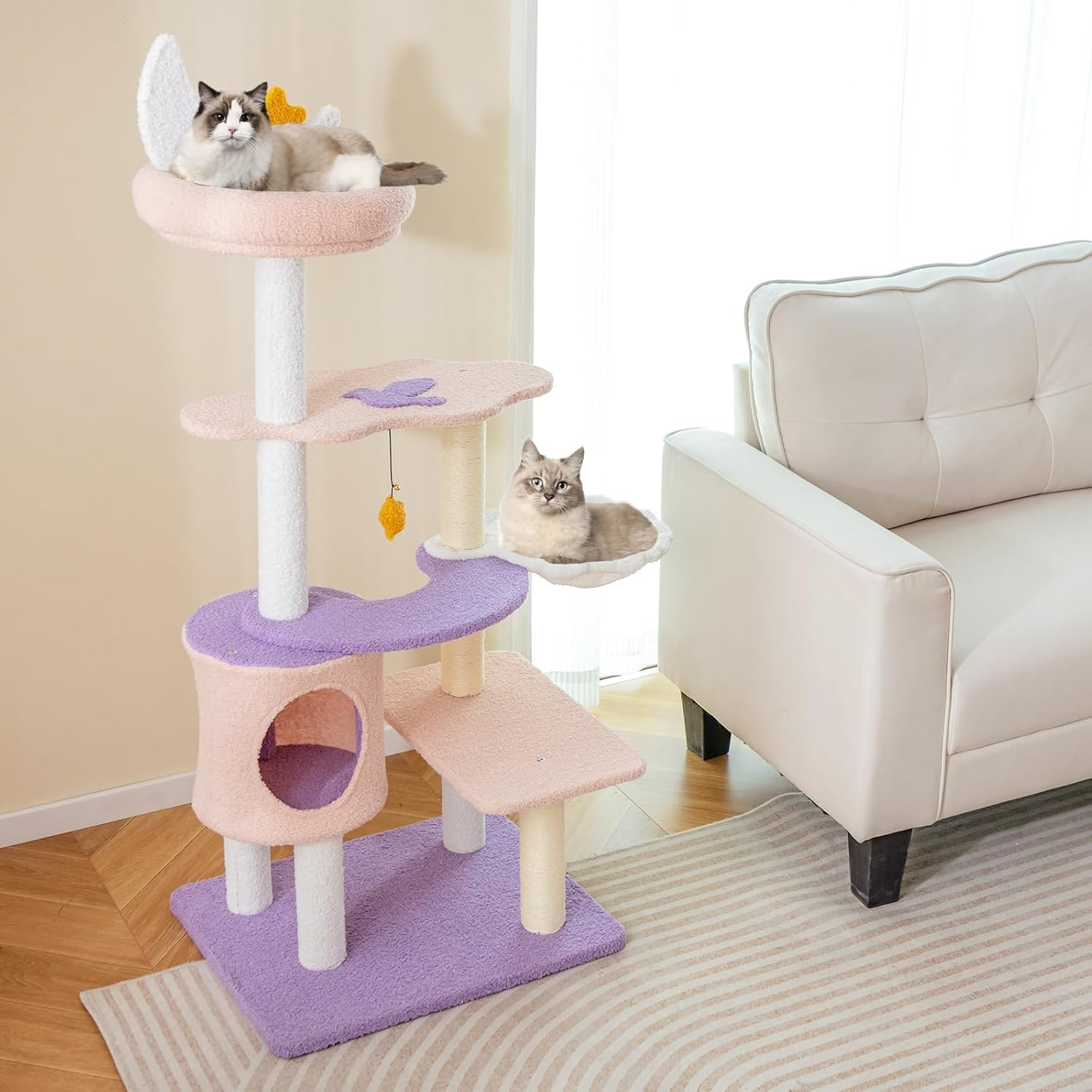 Costway Cute Cat Tree for Indoor Cats, Multi-Level Cat Tower W/Sisal Covered Scratching Posts, Condo, Moon Star Plush Perch, Hammock, Cloud Platforms, Dangling Toys, Kitty Play House Activity Center image number 6